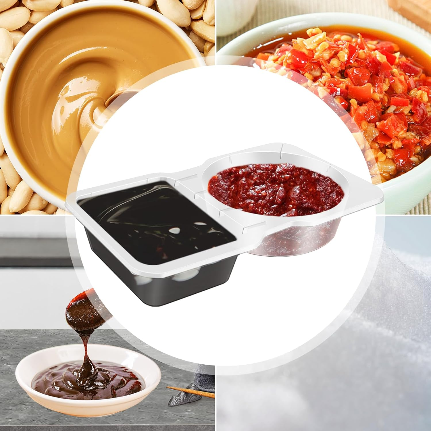 MFAUCAZB 40PCS Double Compartment Condiment Container with Lids, 2 Compartment Snack Containers, Reusable Plastic Sauce Containers, Compartment Container for To-Go Sauce, Sampling, Travel Snack