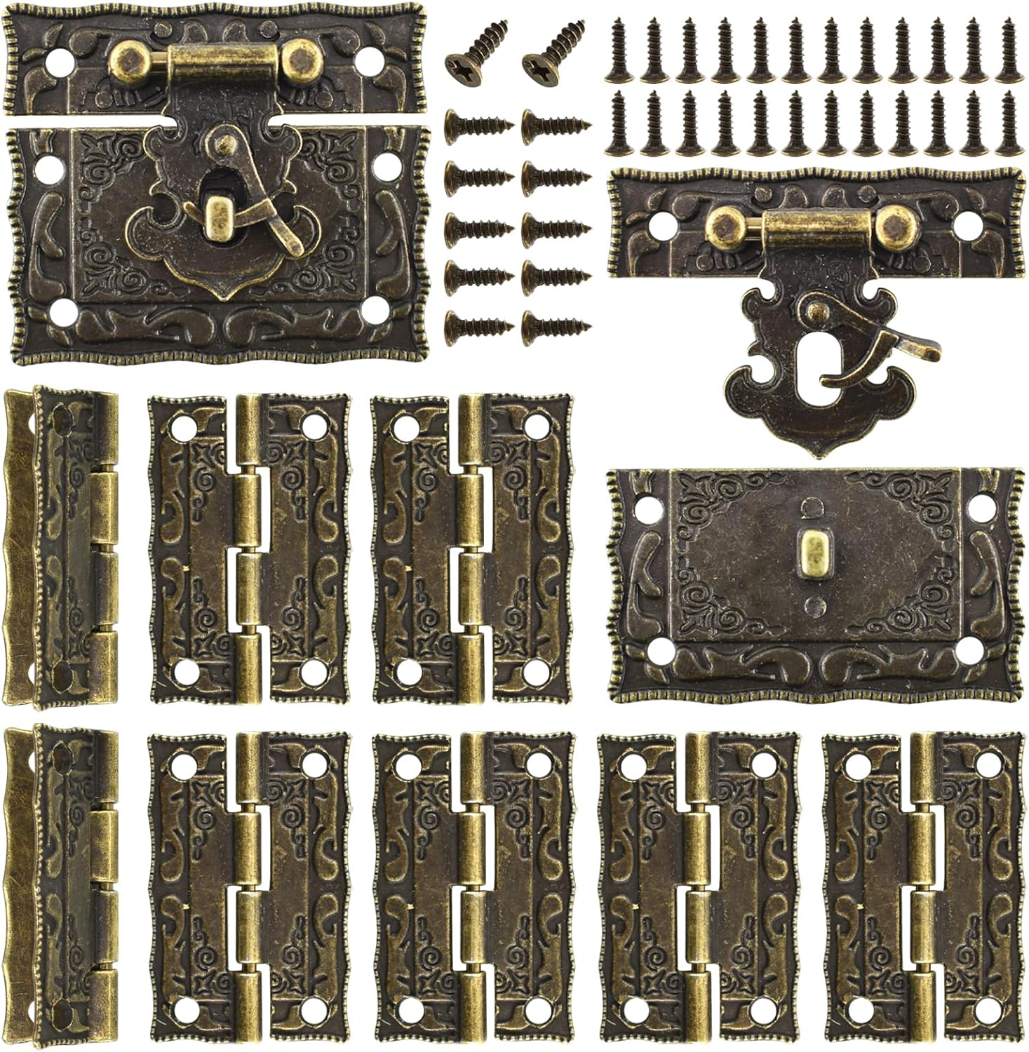 Rectangle Antique Right Hook Hasp Latch Vintage Bronze Engraved Hinge with Matching Screws for Repair and Decorative Jewelry Box Wood Boxes 4 Sets image number 2