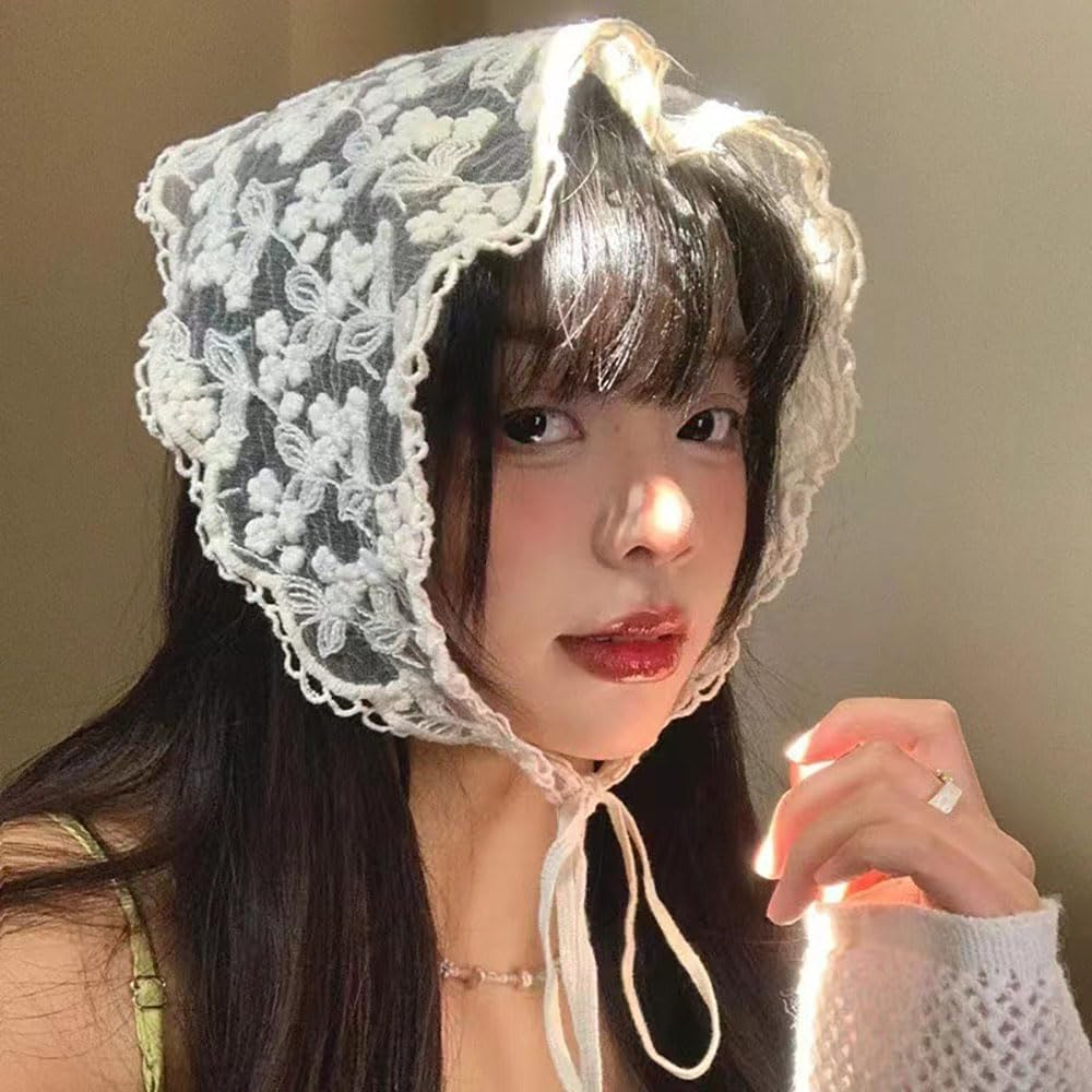 Lace Floral Hair Bandana White Hair Headband Head Scarf for Women Girls Vintage Triangle Head Kerchief Tie-Back Headwraps Flower Hair Scarf Headscarf Bandana Boho Headbands Bandanas for Hair Styling image number 1
