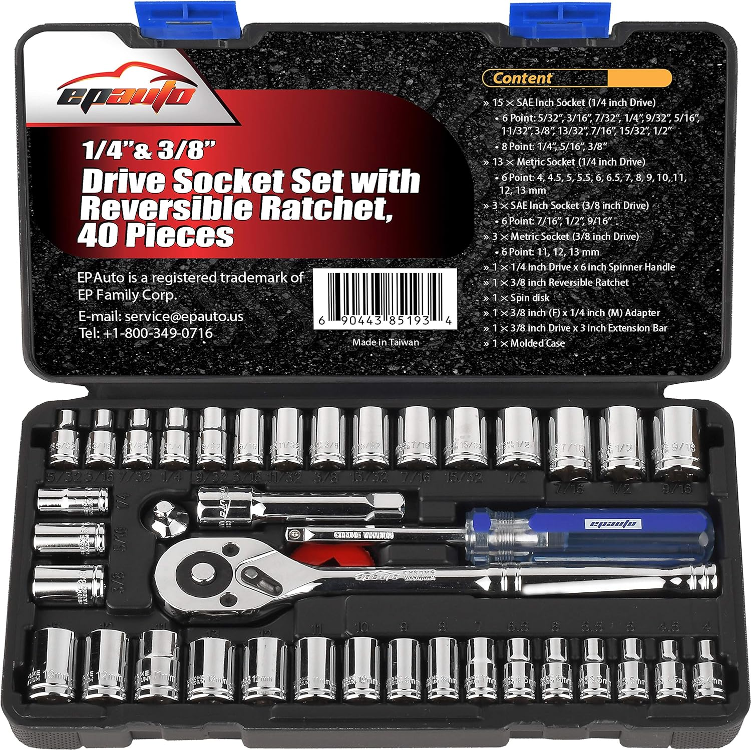 Epauto 1/4-Inch & 3/8-Inch Drive Socket Set 40 Pieces with 72 Teeth Reversible Ratchet image number 3