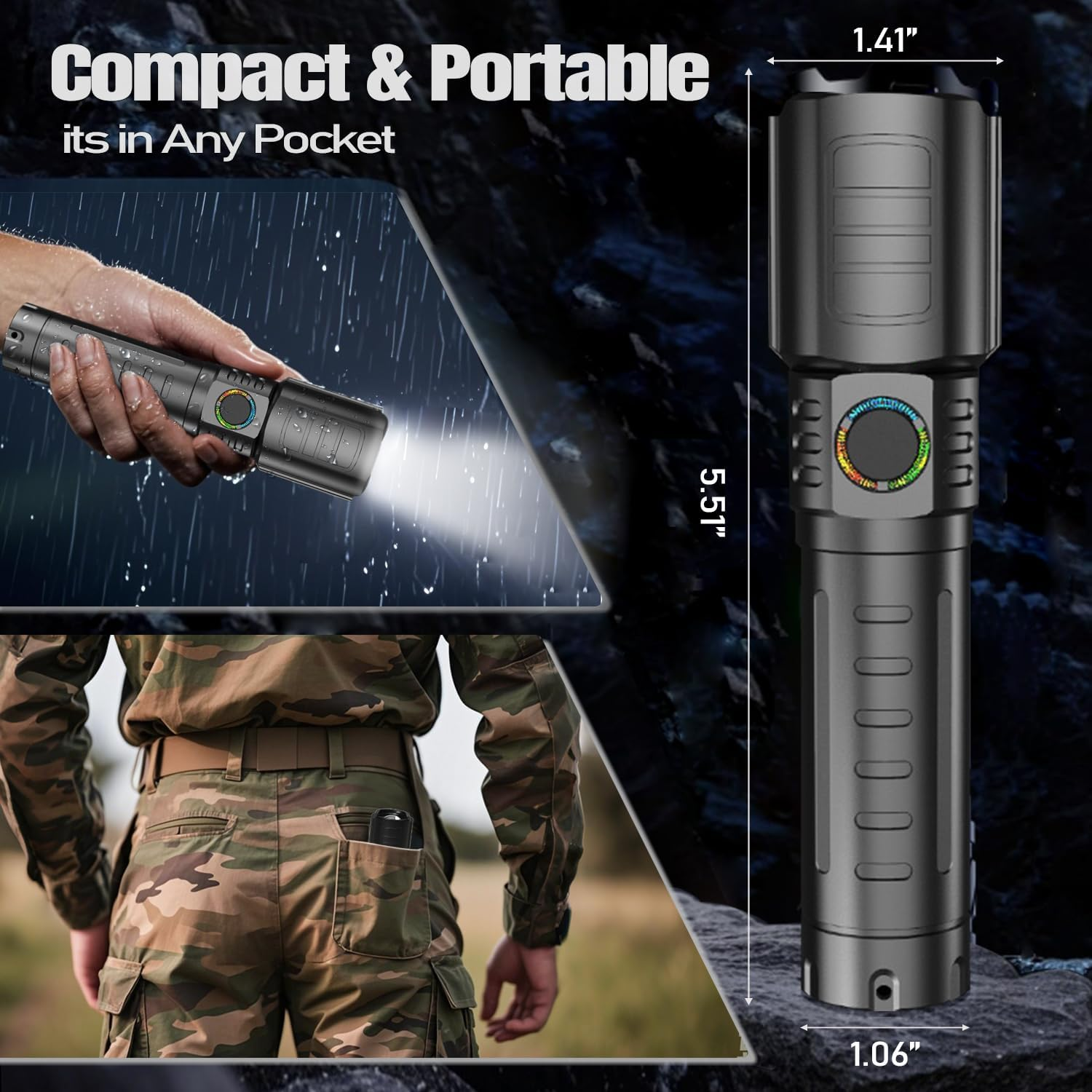 Tactical Flashlights Torch High Lumens Rechargeable, 3 Modes Led Waterproof Zoomable Linternas Handheld Small Flashlight, Adjustable Brightness Flash Light for Hurricane/Home/Emergency (2 Pack) image number 6
