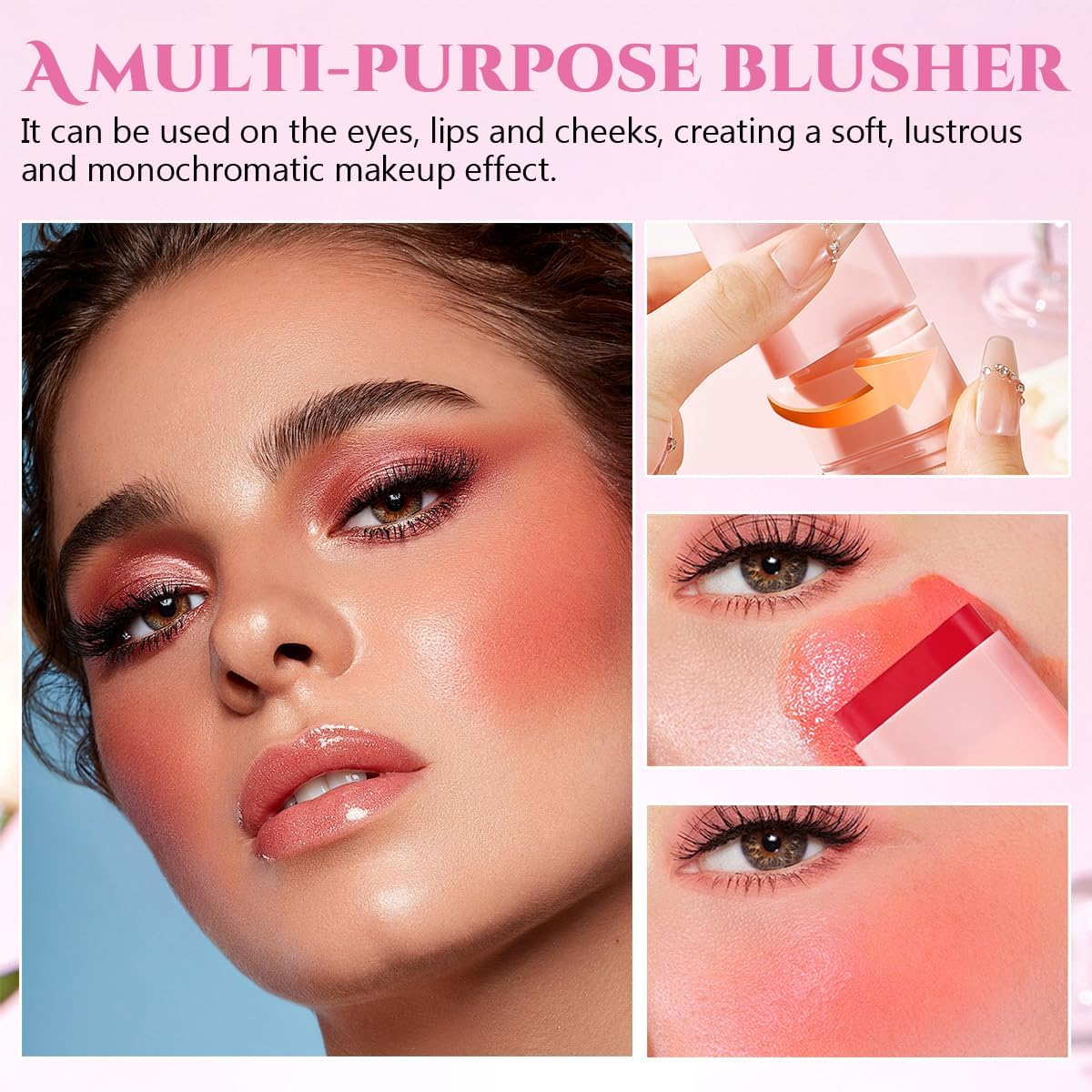 Blush Stick Makeup for Cheeks Matte Finish with Built-In Blending Sponge, Multi-Use Hydrating Tinted Solid Moisture Cream Face Blush Stick Cheek Tint Tinted Moisture Makeup Sticks for All Skin (#06) - 02 image number 7