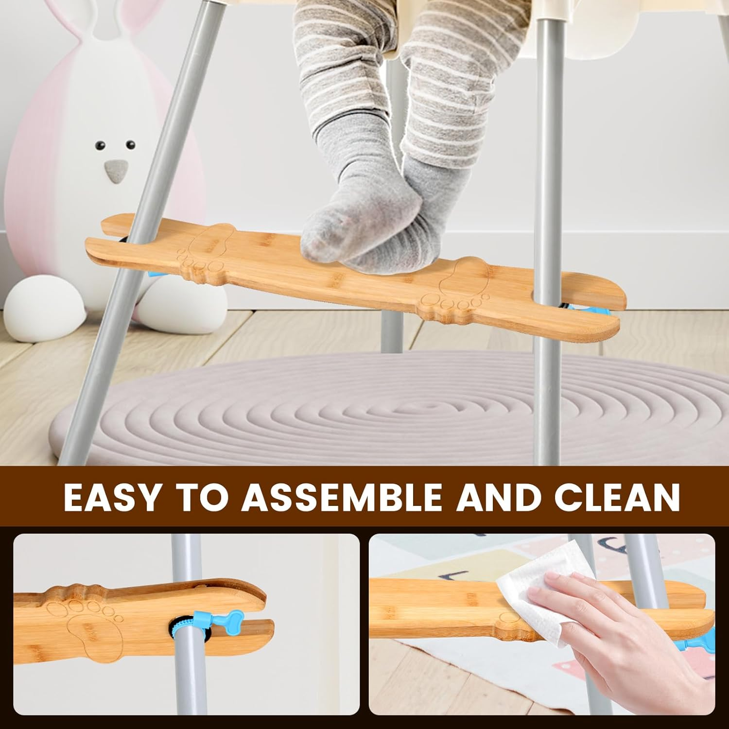 2 Pcs Baby High Chair Footrest Adjustable Height Non-Slip Baby Pedal Sturdy Structure Natural Bamboo with Rubber Ring Compatible for Most Highchairs (Wood-B) - Wood-A image number 7