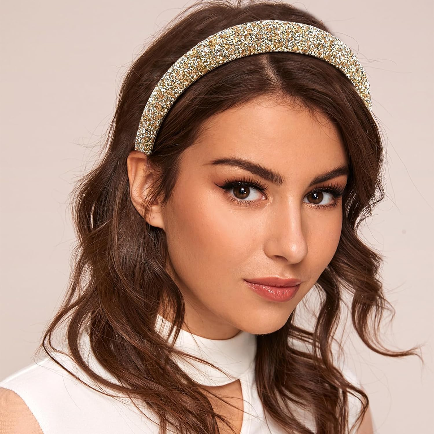 1PC Gold Crystal Headbands for Women Girls, Cute Puffy Padded Headband for Wedding Bride Fashion, Wide Thick Bling Hairbands Hair Hoop Accessories for Birthday (Gold, One Size) image number 1