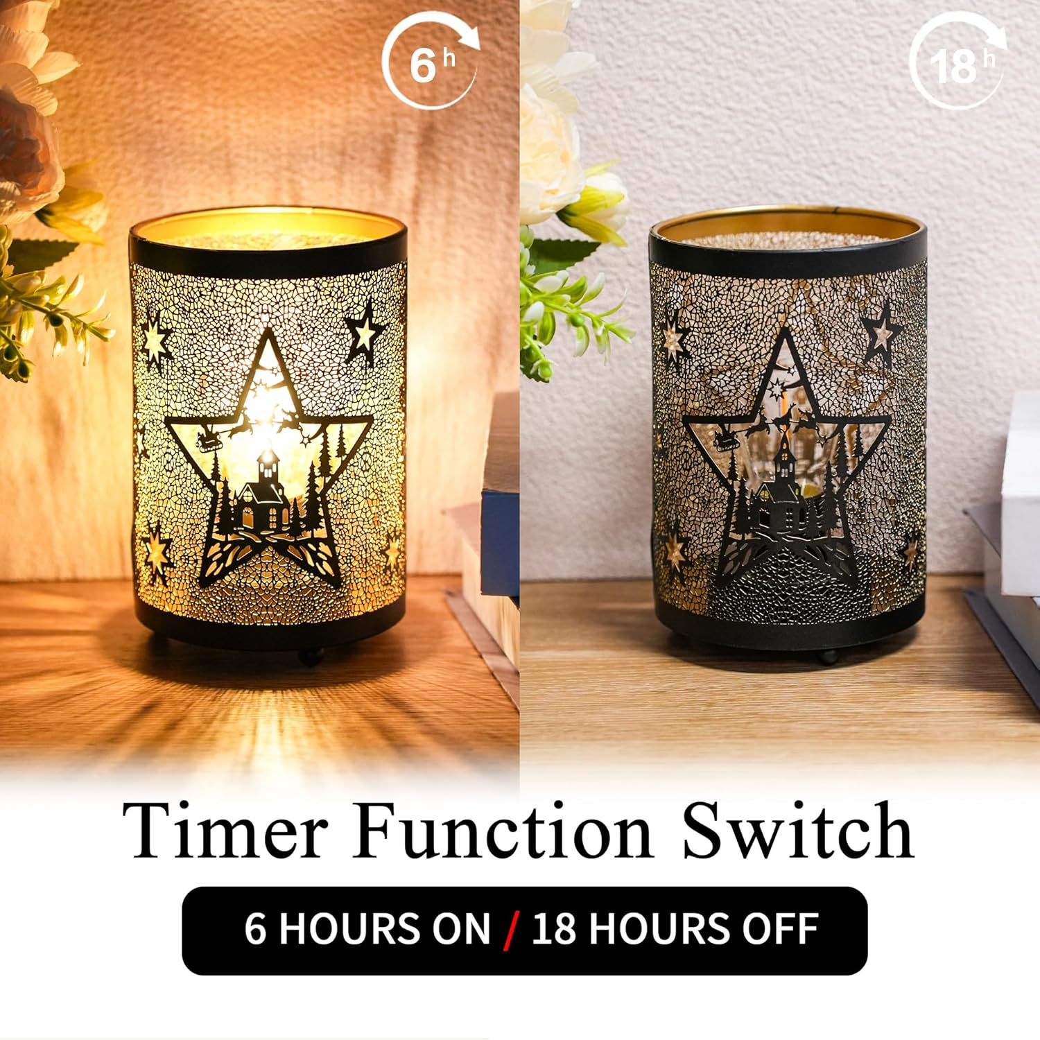 TRIROCKS Set of 2 Metal Table Lamp, Decorative Lantern with Cutout Star & Castle Design for Home, Living Room, Garden, Yard, Party, Events, Tabletop, Indoor（Black） image number 3
