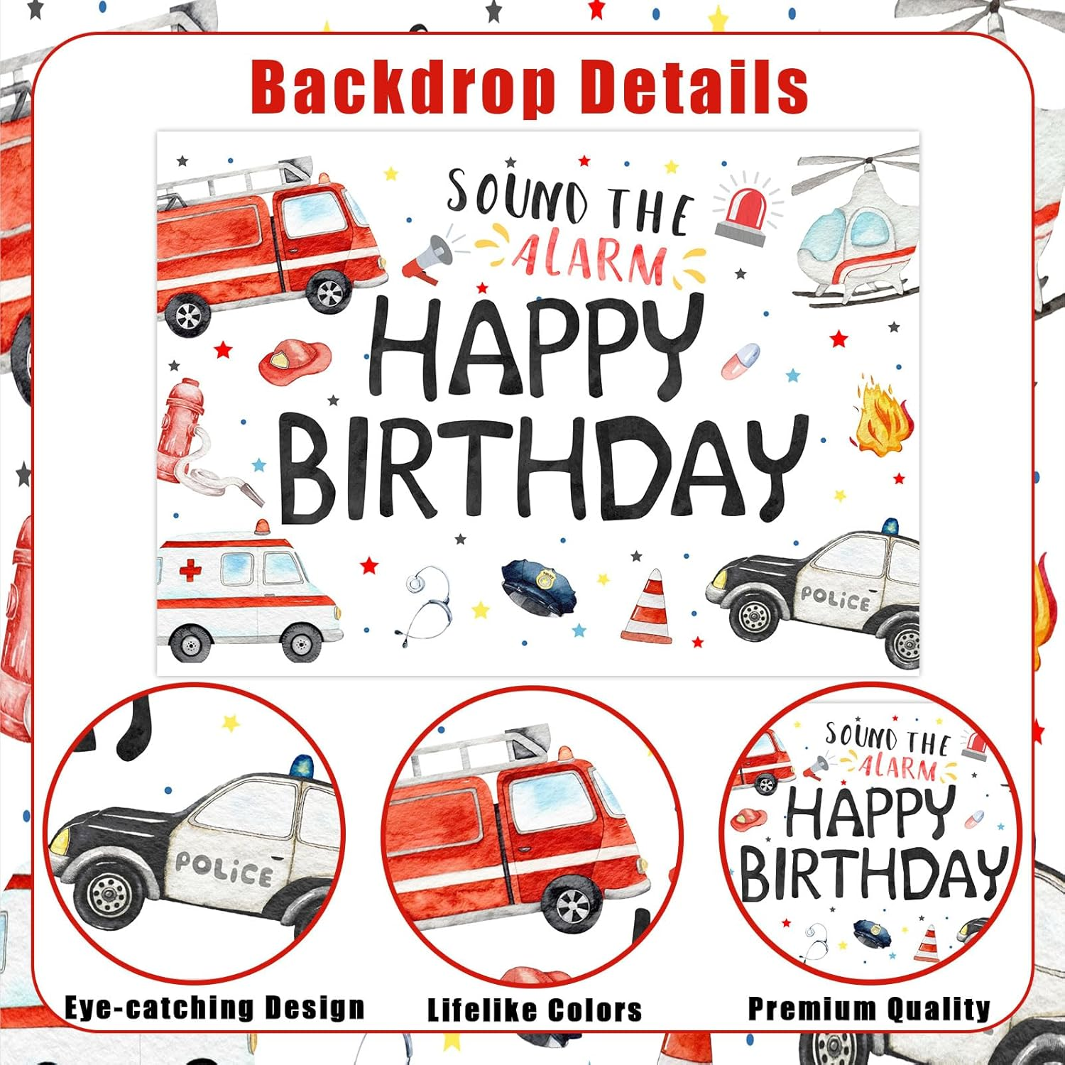 Wonmelody 7 * 5Ft Emergency Birthday Decorations Backdrop Happy Birthday Sound the Alarm Backdrop Banner Rescue Vehicle Birthday Party Supply Team Rescue Backdrop First Responder Transportation Party image number 2