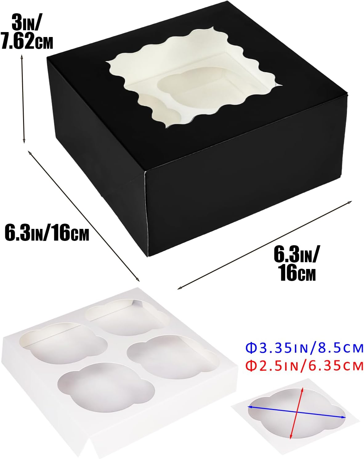 Qiqee Black 4 Cupcake Boxes with Window 12 Packs Cupcake Box 16X16X7.6Cm Bakery Boxes for Cupcakes Carrier, Cupcake Containers (6.3"X6.3"X3" Inch, Auto-Pop Up) image number 5