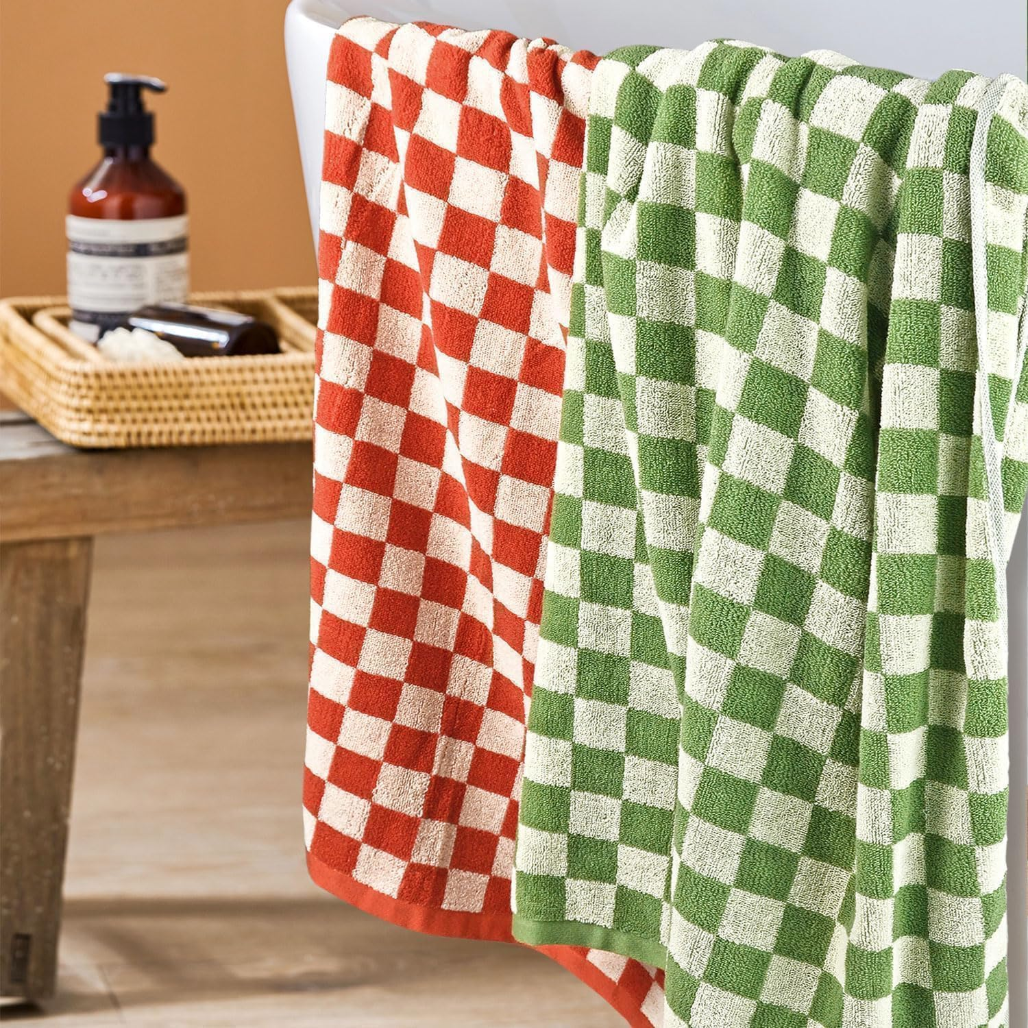 Jacquotha Checkered Bath Towels for Bathroom, 2 Pack Shower 55'' X 27.5'', Super Absorbent and Quick Dry (Orange + Green) image number 4