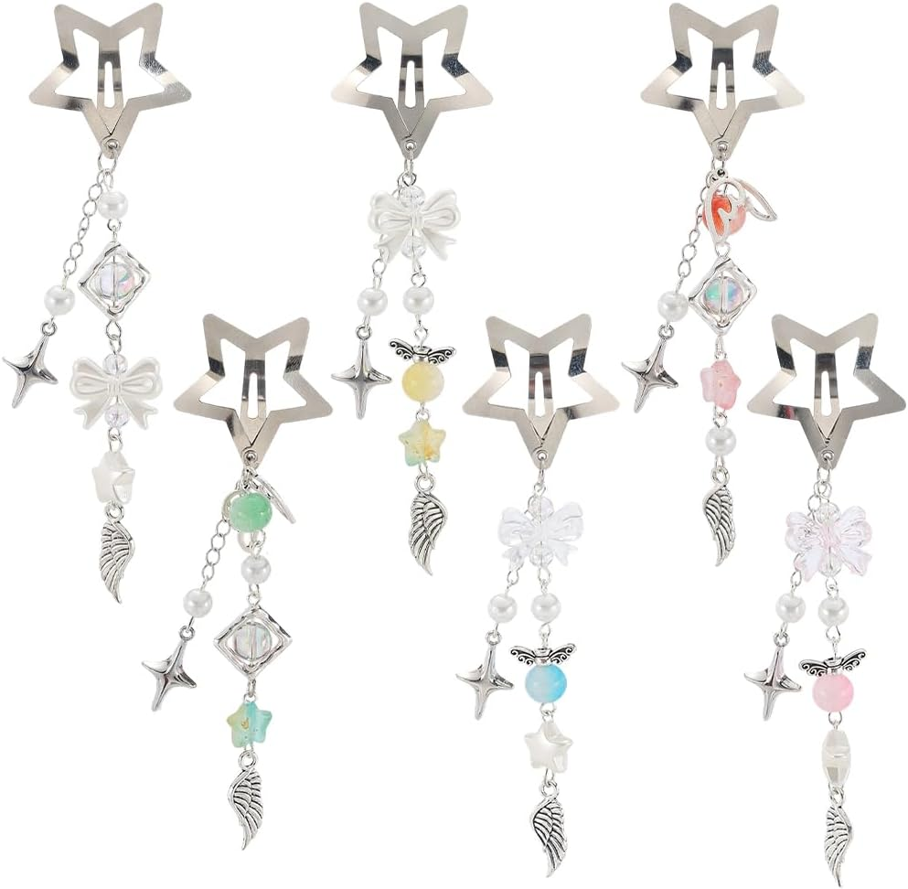 SUNNYCLUE 1 Box DIY 6 Sets Star Tassel Hair Clips Making Kit Stars Hairclips Cute Wing Bowknot Bow Beaded Pendant Hairclip with Tassels Snap Barrettes for Women Braid Long Short Thin Thick Hair image number 2