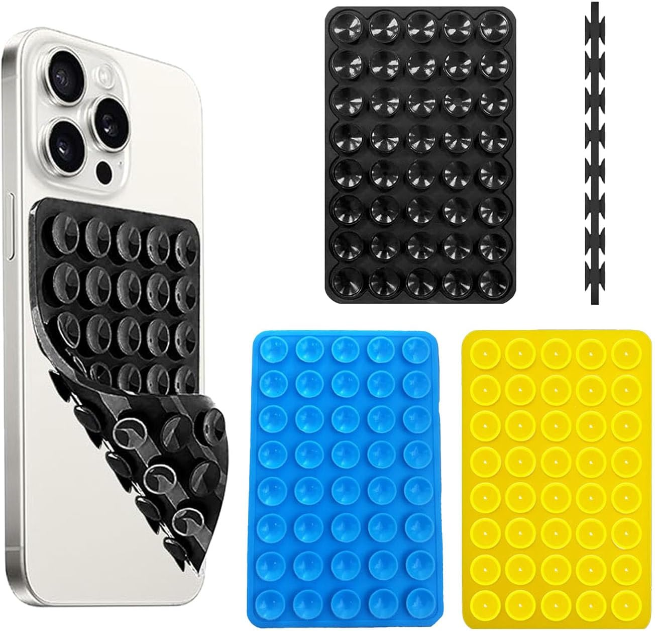 3Pcs Double-Sided 80 Independent Suction Cups Suction Phone Case,Silicone Non Slip Repeat Used Suction Cup Phone Mount.Hands-Free Phone Accessories Holder for Selfies and Videos (Black,Blue,Yellow)