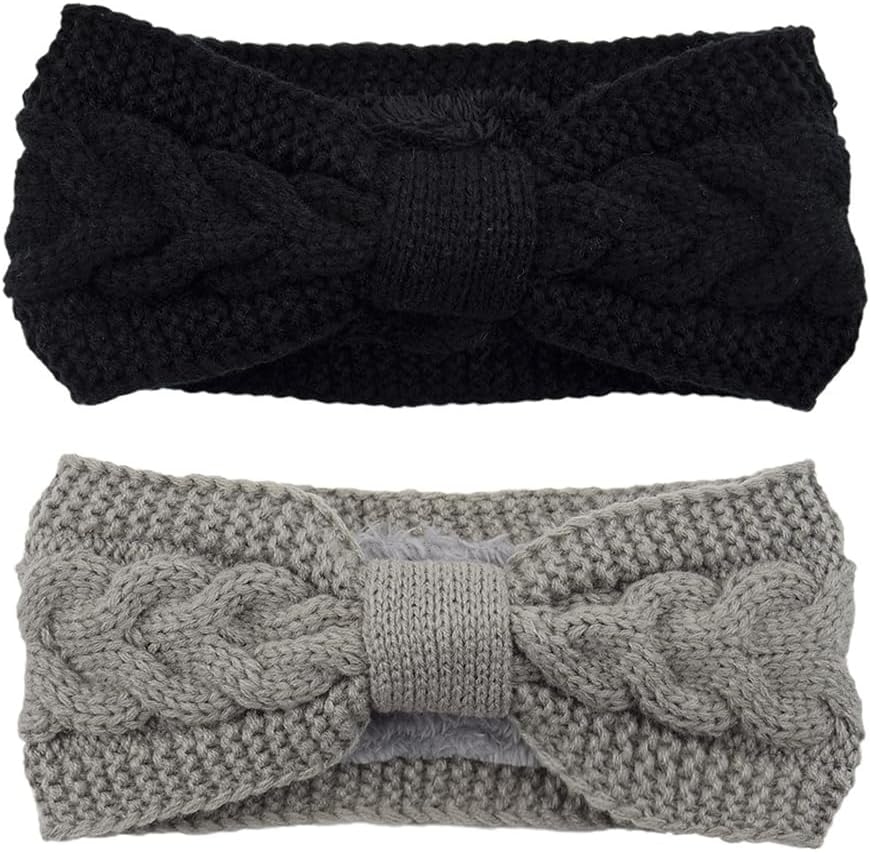 YOFASEN Pack of 2 Women'S Winter Headbands, Lined Fleece Hair Bands, Elastic Headband, Ear Warmer, Hairband, Crochet Hair Accessories, Knitted Headband for Women and Girls (White + Pink)