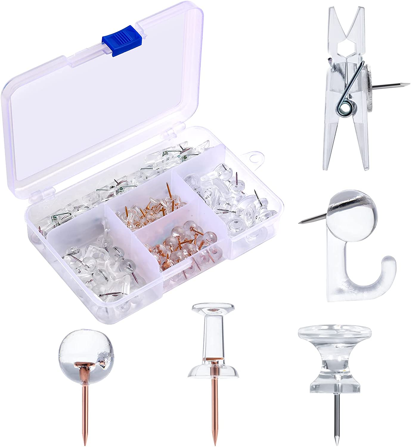AIEX 125Pcs Push Pin Set - Clear Plastic Hook, Clip, Decorative Thumb Tacks with Stainless Steel Point for Cork Board, Bulletin Board, Office Wall (5 Styles) image number 4