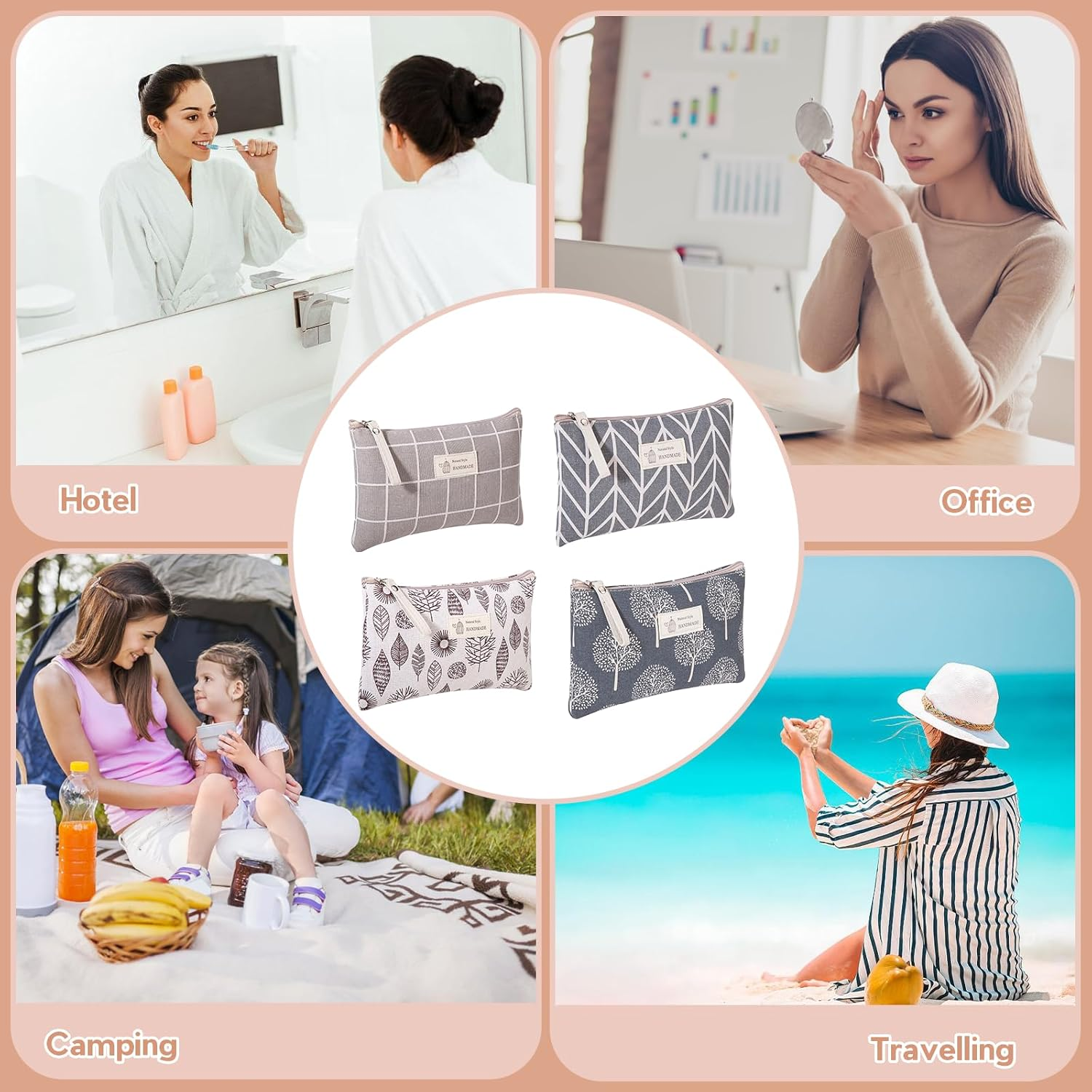 VEGCOO 4 Pcs Canvas Cosmetic Bag, Printed Makeup Bag for Women Girls, Multifunctional Travel Accessories Toiletry Bag for Gift Travel Daily Use, Grey, Refreshing image number 1