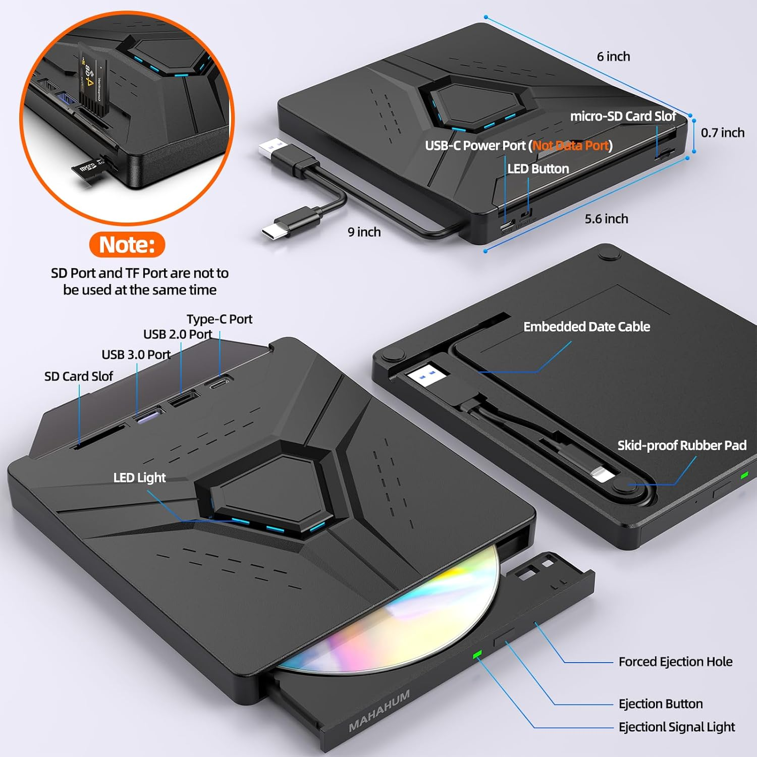 MAHAHUM External CD/DVD Drive for Laptop,8-In-1 Plug & Play USB DVD Drive DVD Player Portable CD Burner External Disk Drive Compatible with Desktop PC Windows 11/10/8 Linux Mac OS Mac Macbook Pro/Air image number 6