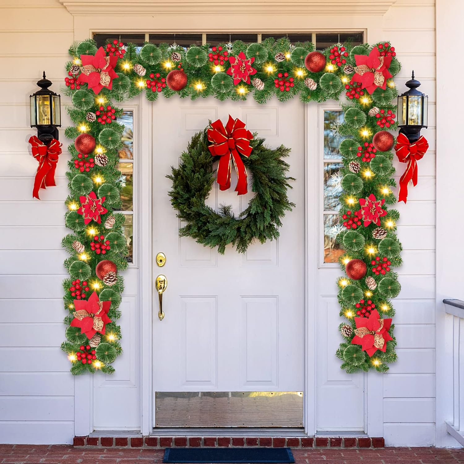 9Ft Christmas Garland with 30 Leds, Artificial Indoor/Outdoor Decorations, PVC & Rattan Material, Red Color, Perfect for Trees, Fireplace, Doors & More