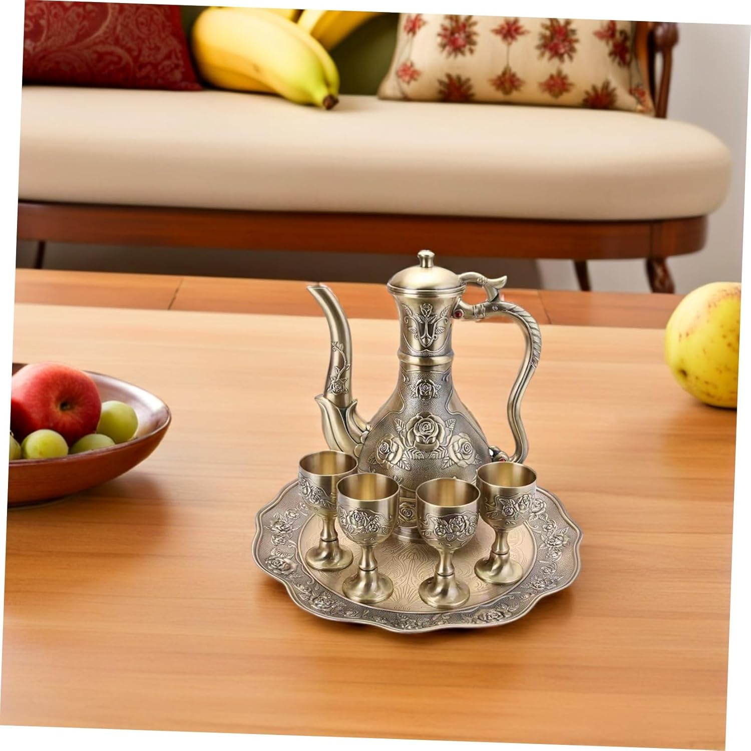 LABRIMP Vintage Turkish Tea Set Metal Espresso Coffee Pitcher with Artistic Rose Embossing Fade-Resistant Bronze Finish Elegant Court Style Coffee Decanter Tray for Home Bar Wedding And image number 3