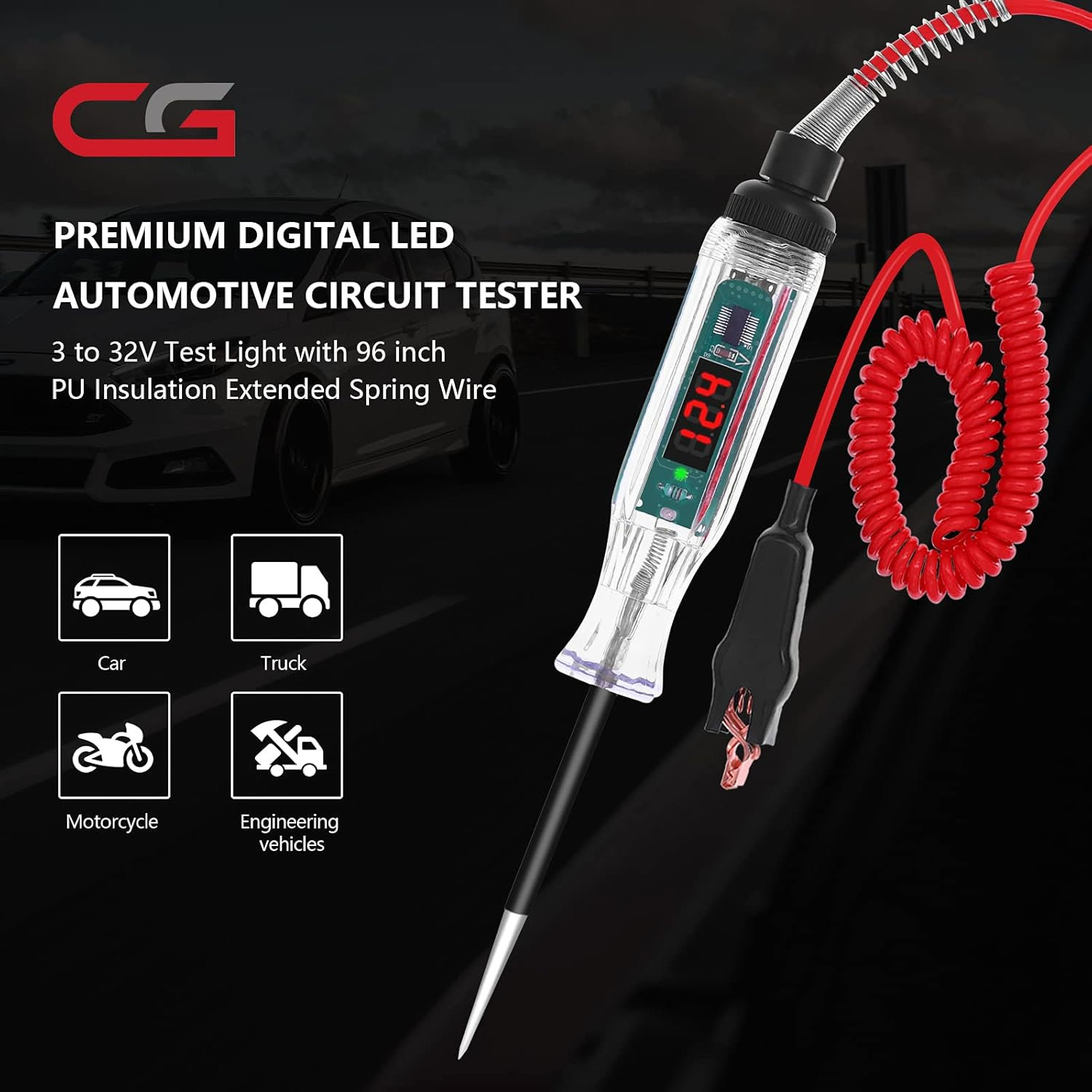 CGDI Upgraded Digital LED Automotive Circuit Tester, 3-32V Test Light with 96 Inch PU Extended Spring Wire, Vehicle Circuits Low Voltage Light Tester with Sharp Stainless Probe image number 1