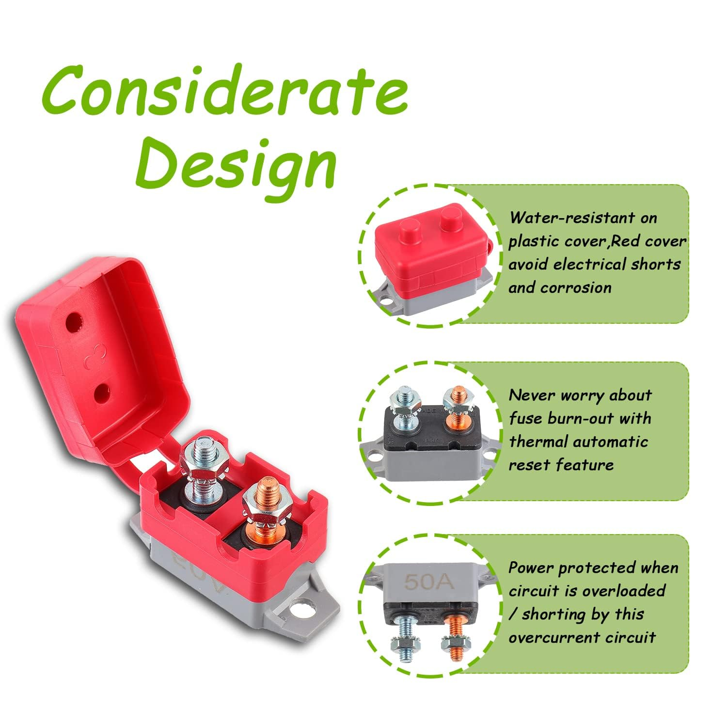2 Pack Direct Current DC 12V - 24V Automatic Reset Circuit Breaker, Current Overload Protector, with Cover Stud Bolt for Automotive RV (Red 30A) image number 5