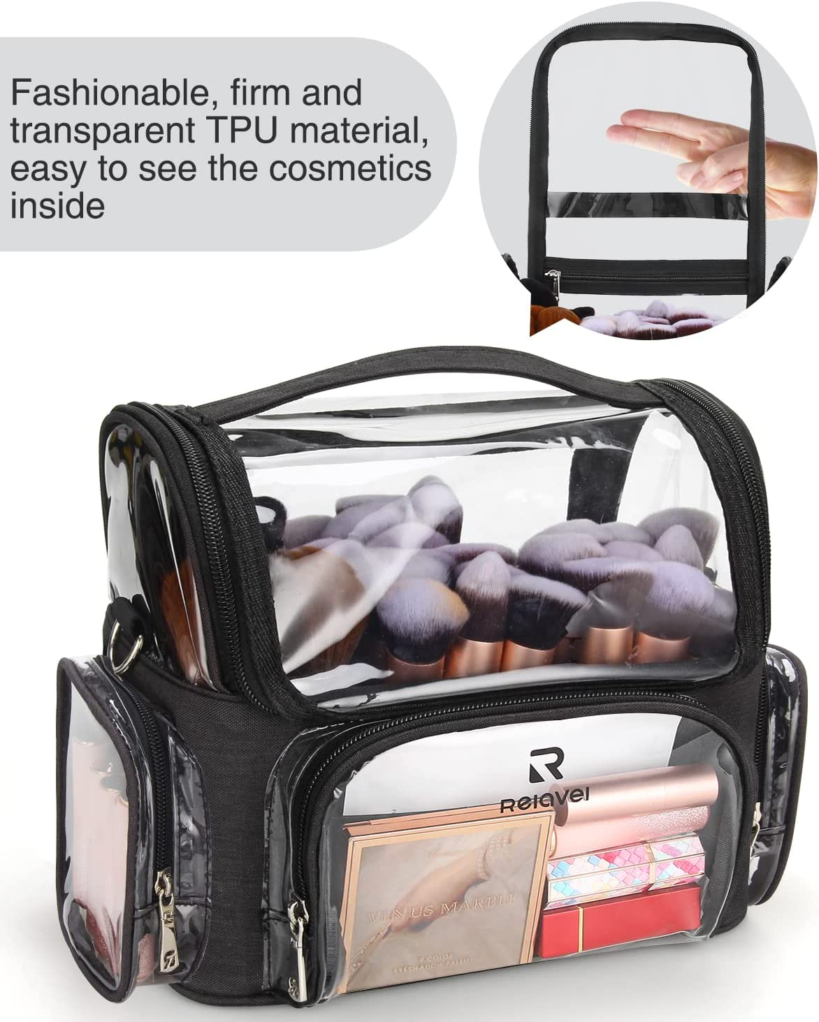Relavel Makeup Brush Case, Large Makeup Brush Holder Professional Makeup Artist Travel Case Clear Waterproof Cosmetic Organizer Bag, Full Open Easy to Access, with Adjustable Strap and Dividers, Black image number 3