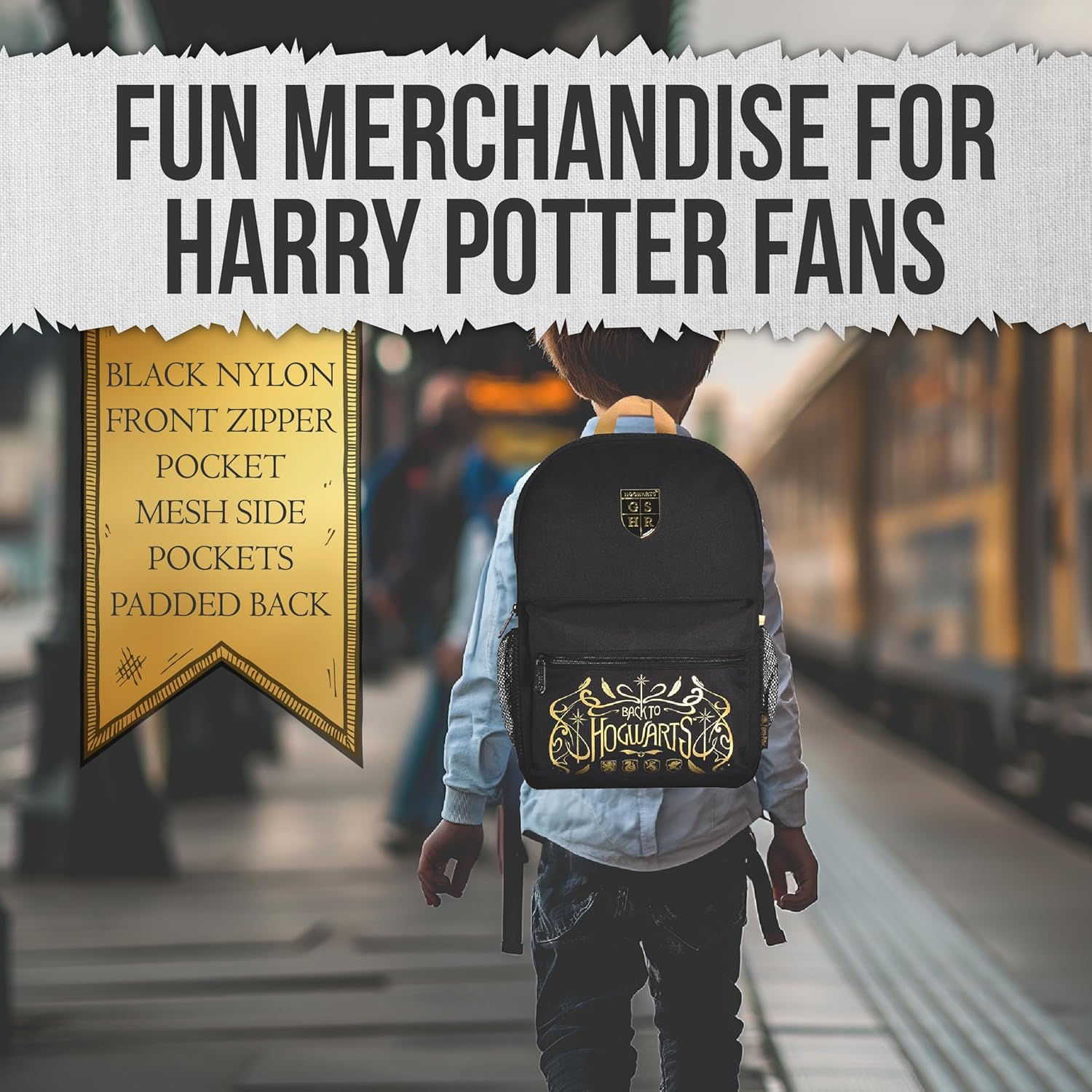Harry Potter Hogwarts Crest Small Black Nylon Backpack for School or Kids Travel, Side Meshed Pockets, Includes Personalised Name Label - Black image number 3