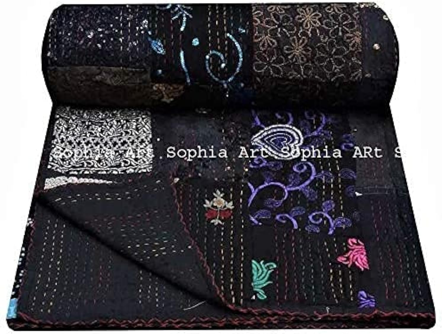 Handmade Vintage Khambadiya Print Hand Jari Patchwork King/Twin Size Embroidery Kantha Quilt Home Decorative Kantha Bedspread Indian Blanket Coverlet Art