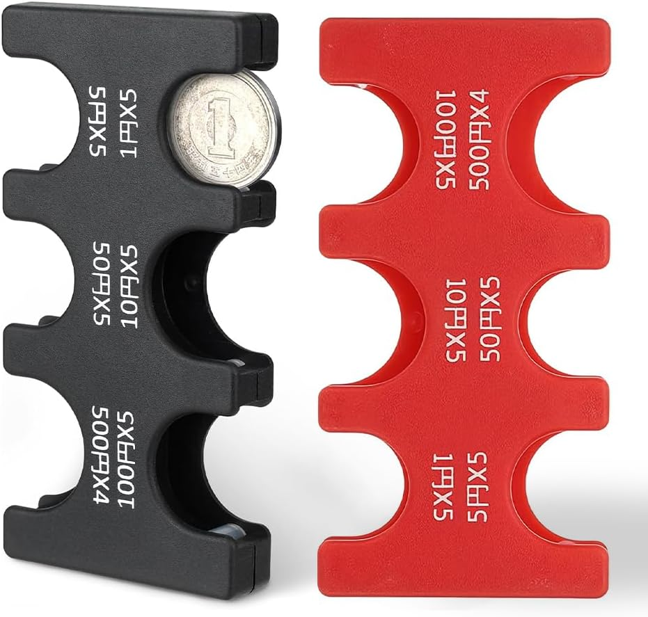 Japanese Yen Coin Holders Hard Case Organizer, Portable Coin Dispenser with 6 Slots Rectangle Plastic Coins Sorter Collection Wallet for Travel Car Coins Storage (Black +Transparent)