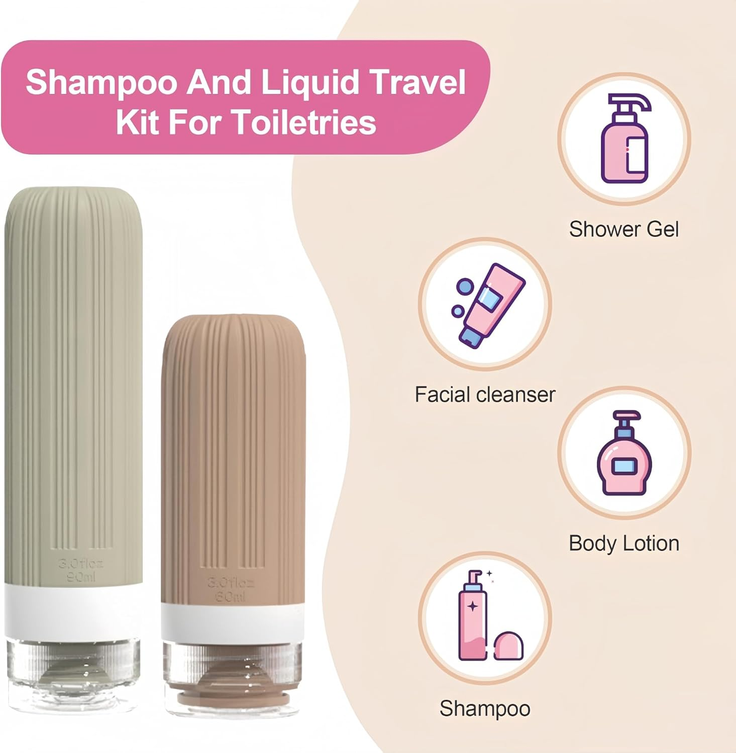Longfng 19 Pack Travel Bottles Set, Silicone Toiletry Bottles, Sunscreen Applicator & Refillable Perfume Spray Bottles, TSA Approved, Leak Proof Travel Accessories for Shampoo, Lotion, Perfume image number 5
