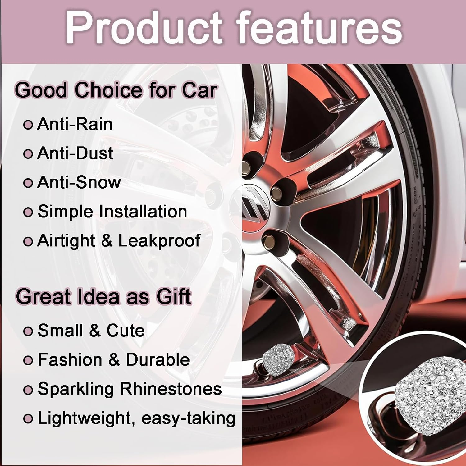 Bling Tire Valve Stem Caps 4 Pack Crystal Tire Caps Shinny Rhinestone for Women, Wheel Tire Valve, Car Accessories Universal for Cars, Trucks, SUV and Motorcycles-White image number 5