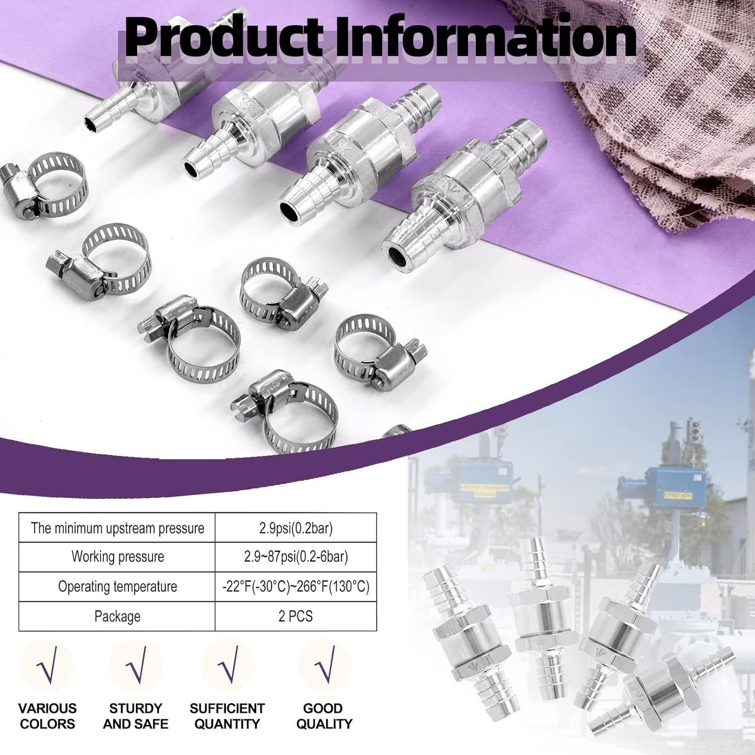 Swpeet 10Pcs 4 Sizes Fuel Non Return One Way Check Valve, 6Mm 8Mm 10Mm 12Mm Aluminum Alloy Fuel Oil Check Valve for One Way Petrol Diesel Gas with 6Pcs Universal Adjustable Hose Clamps image number 6