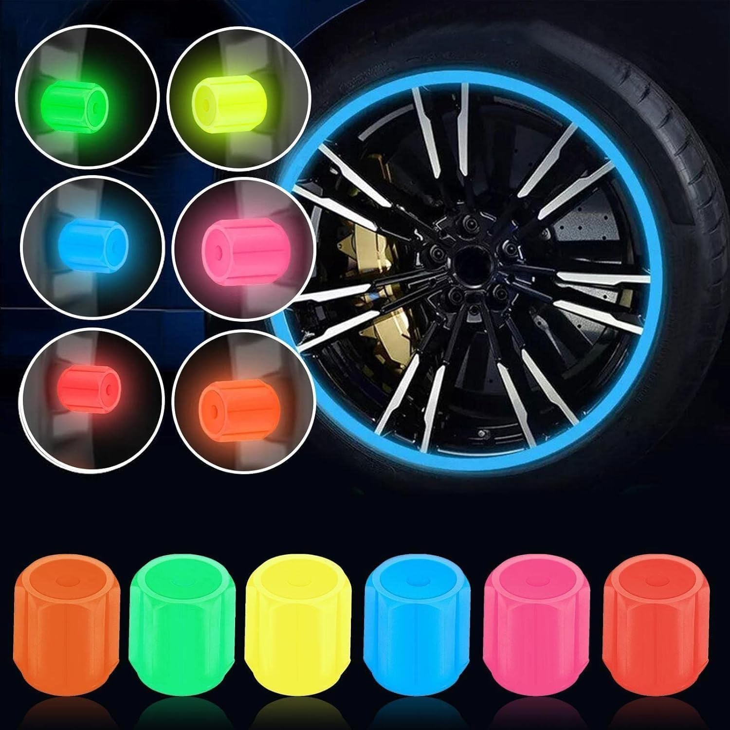 4Pcs Yellow Luminous Tyre Valve Caps Car Motorcycle Glowing Hub Cover Wheel Styling Tool Tyre Valve Car Accessories Valve Caps Accessories and Parts image number 2