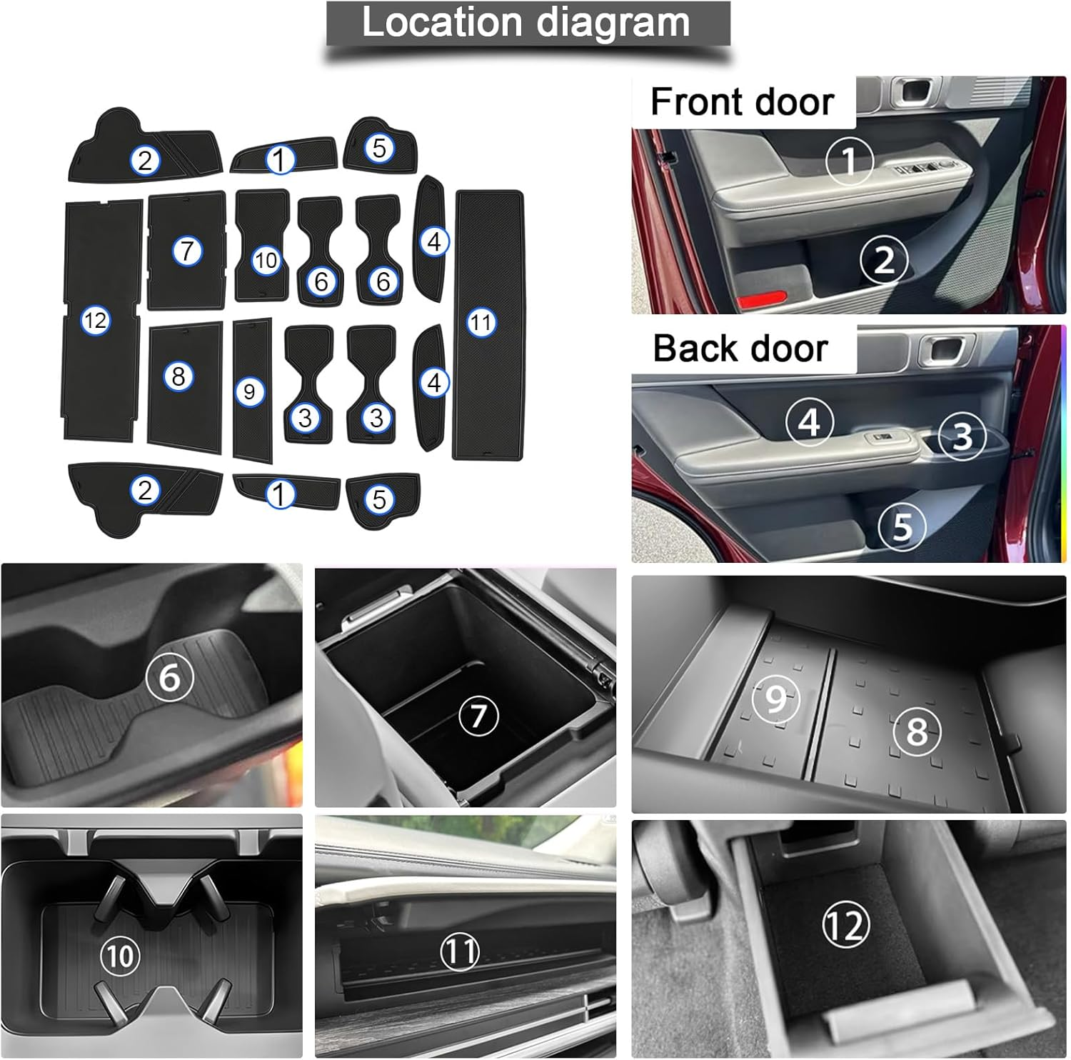 2024 2025 2026 Santa Fe Door Slot Mats Center Console Liner Door Mats for Hyundai Santa Fe 2026 Accessories Compatible with Hyundai Santa Fe Calligraphy/Se/Sel/Xrt/Limited Rubber Mats Black 18Pcs/Set image number 5