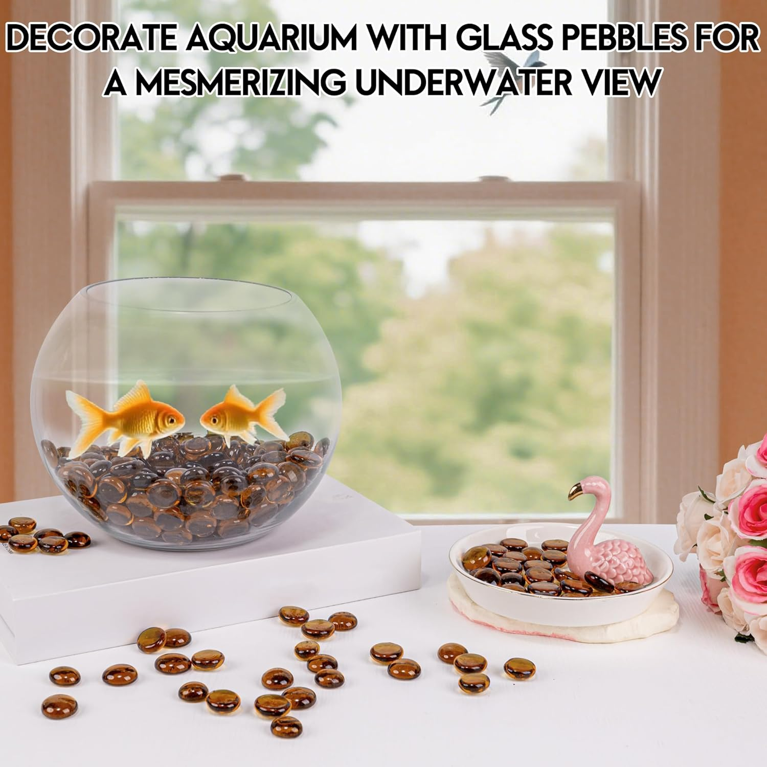 Glass Marbles, 0.97 LB Transparent and Smooth Flat Glass Beads for Vases, Mosaic Gem Pebbles for Aquarium Decor, Floral Arrangements, Mancala Stones, Vase Filler and Crafts,Brown