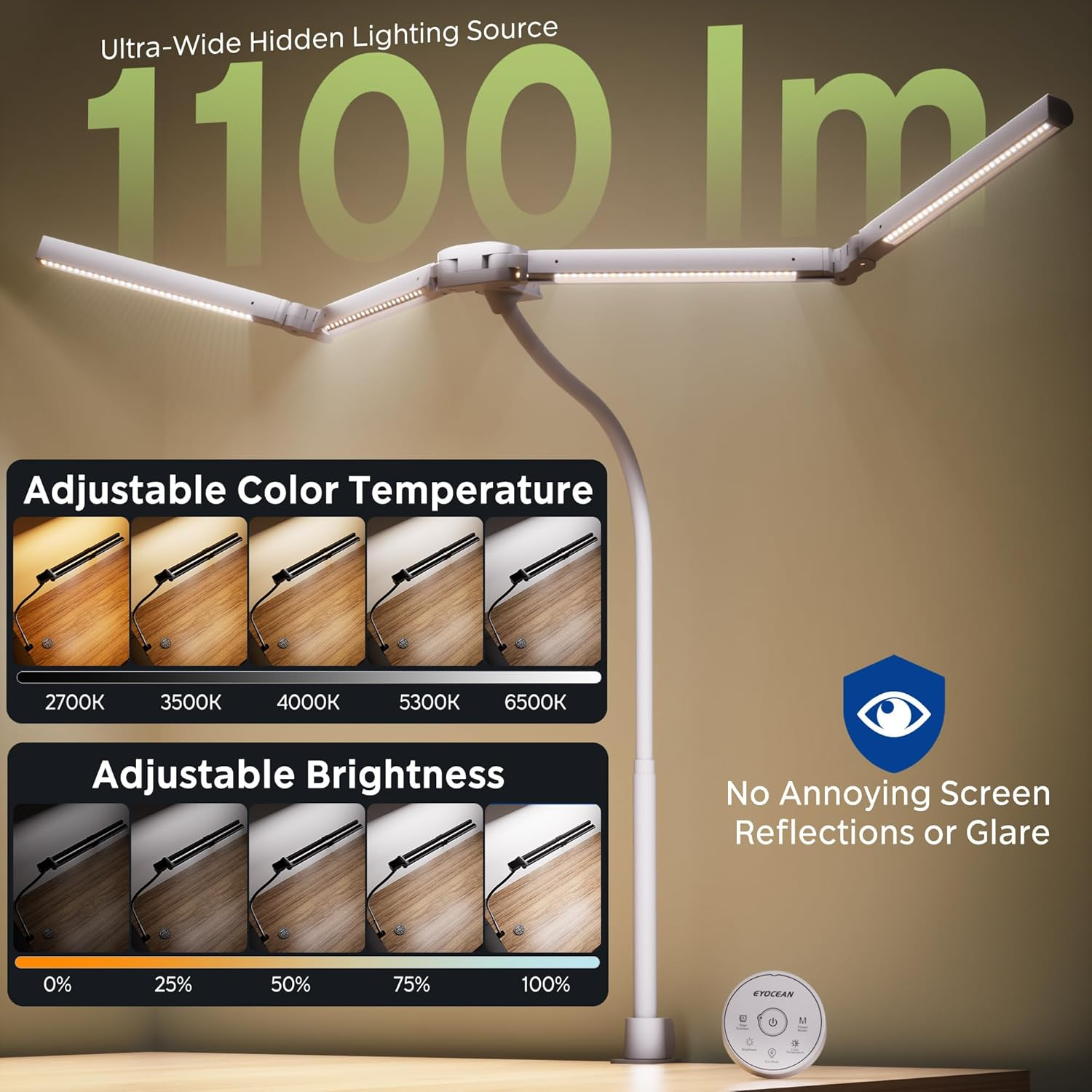 EYOCEAN Desk Lamp, Desk Lamp with 4 Light Sources, 24 W 100 Cm Daylight Lamp Desk with Remote Control, Dimmable Monitor Lamp, Gooseneck Office Table Lamp, Eye Protection PC Lamp image number 6