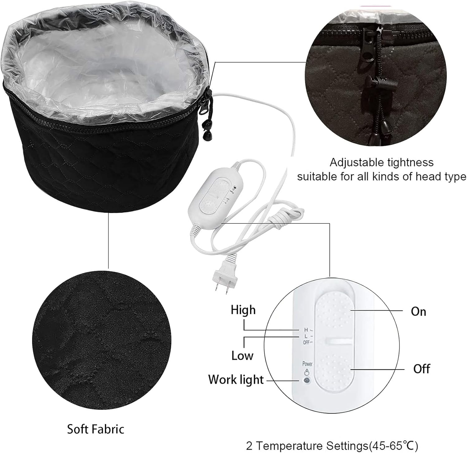 220V Electric Hair Cap,Hair Care Hat,Home Hairs SPA Beauty Cap, Steamer Thermal Heat Cap,Nourishing Hat with 3 Mode Temperature Control Black Includes AU Plug image number 2