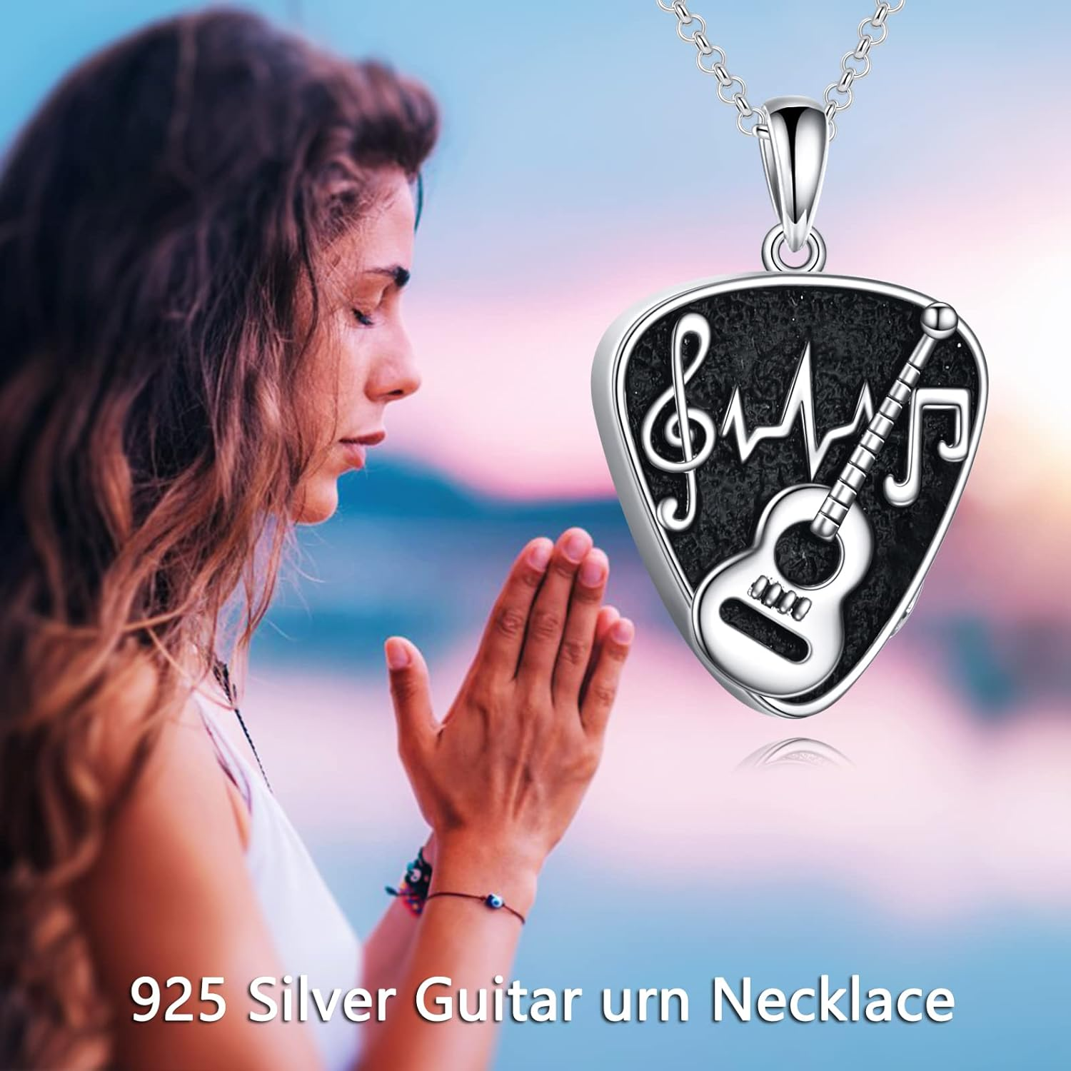 POPLYKE Music Guitar Pick Urn Necklaces for Ashes Sterling Silver Cremation Urn Necklaces Memorial Keepsake with Filling Tool