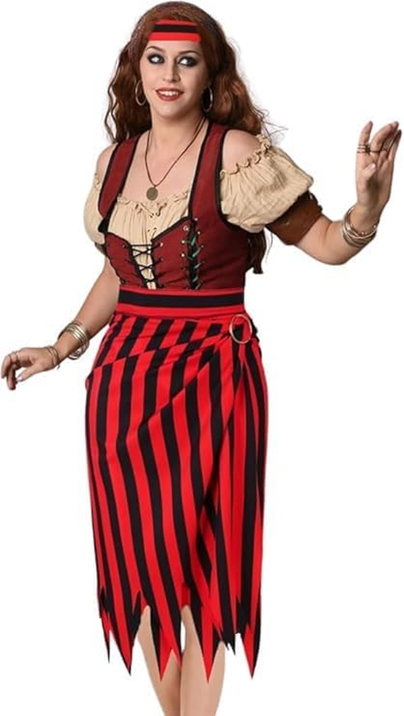 Slowton Pirate Costume Women - 2PCS Adult Renaissance Pirate Outfit with Striped Skirt and Headscarf Pirate Themed Costumes for Halloween Party Captain Carnival Music Festival image number 1