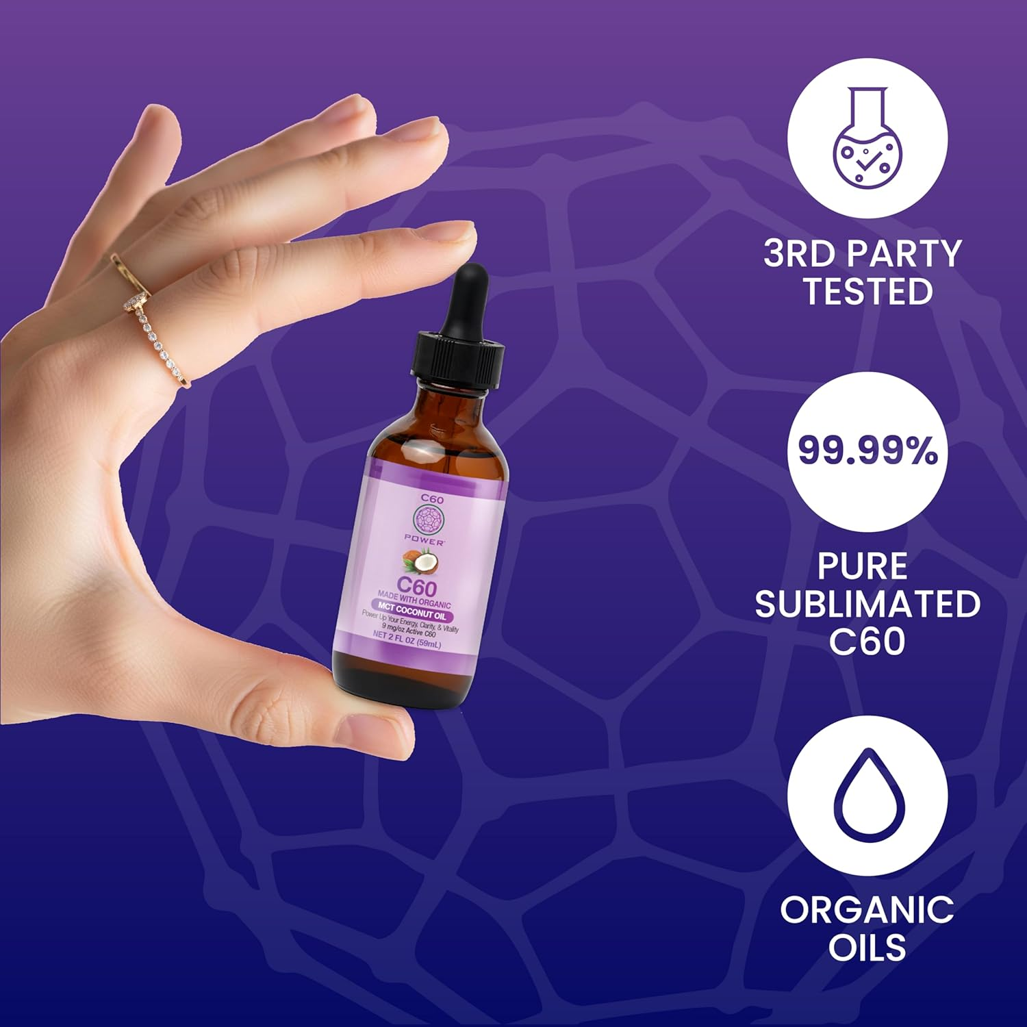 C60 Power - MCT 2-Oz.- Organic MCT Coconut Oil, 2 Fl Oz, 99.99% Pure Carbon Fullerenes, Lift Oxidative Burden, Optimize Mitochondrial Function image number 3