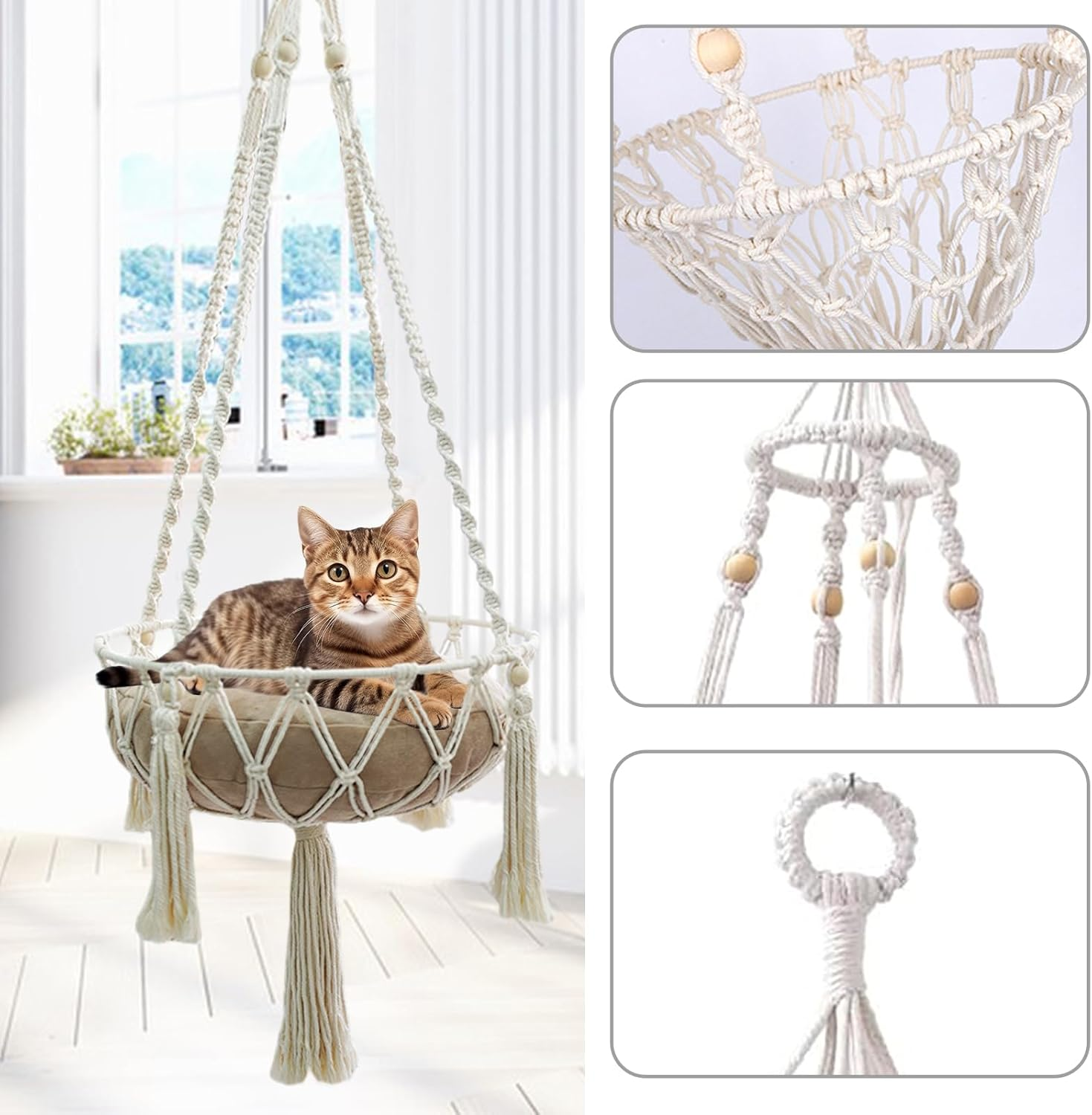NCONCO Hand Knitted Hanging Cat Hammock Macrame Cat Hanging Bed Cat Basket Bed for Indoor and Outdoor Playing, Sleeping, Climbing (White) image number 5