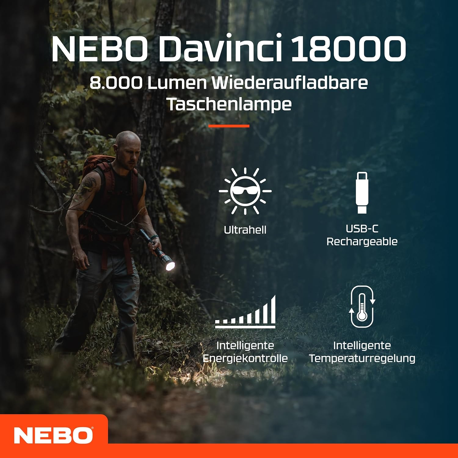 NEBO Davinci&trade; 18000 Lumen Rechargeable Flashlight &ndash; 5 Modes + 2&times; Zoom, IP67 Waterproof, USB‑C Rechargeable, Mag-Dial Mode Selector, Smart Power & Temp Control &ndash; Pro-Grade Outdoor & Tactical image number 1