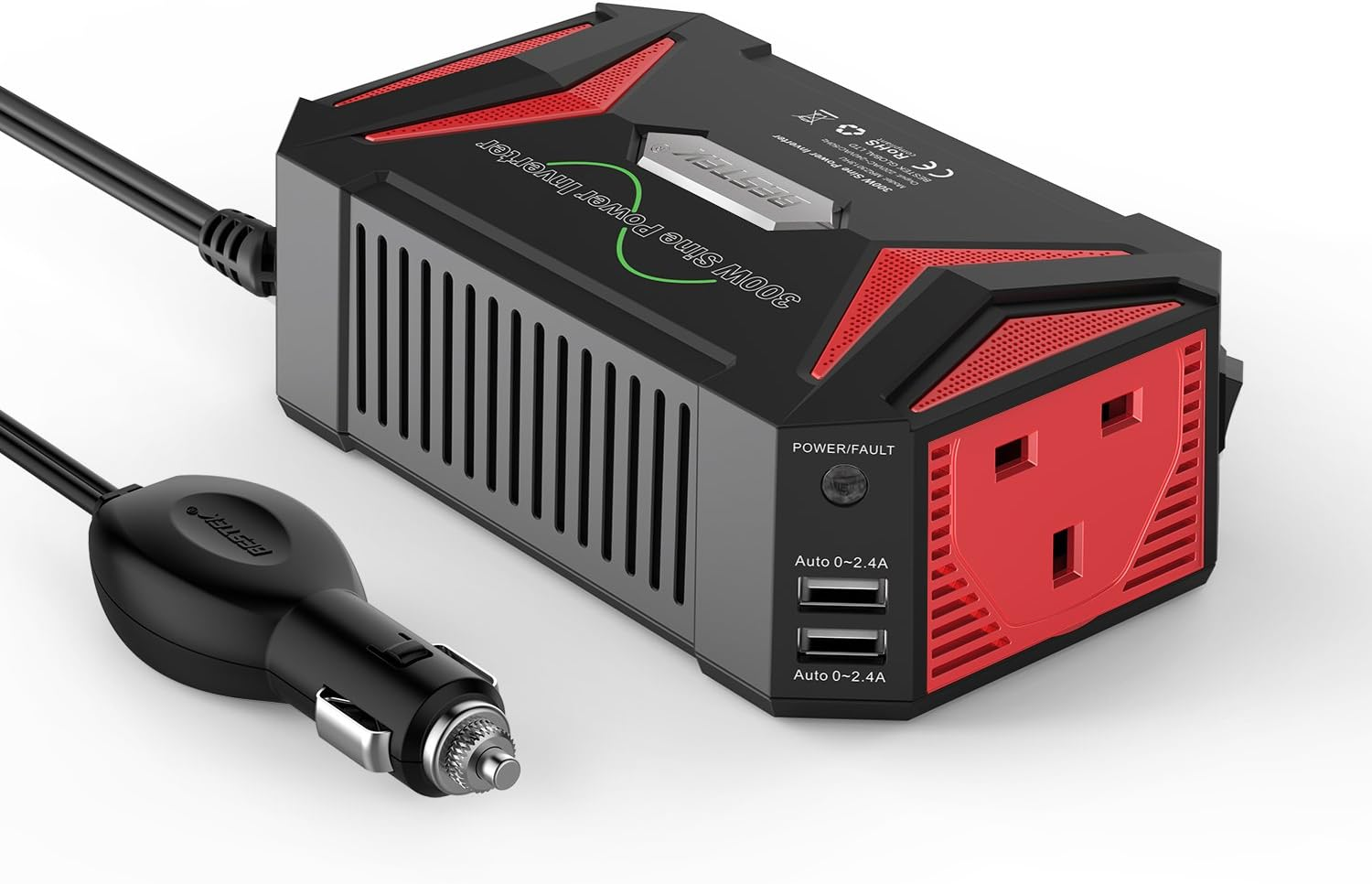 BESTEK 300W Pure Sine Wave Power Inverter DC 12V to AC 230V 240V with 4.2A Dual Smart USB Ports Car Adapter