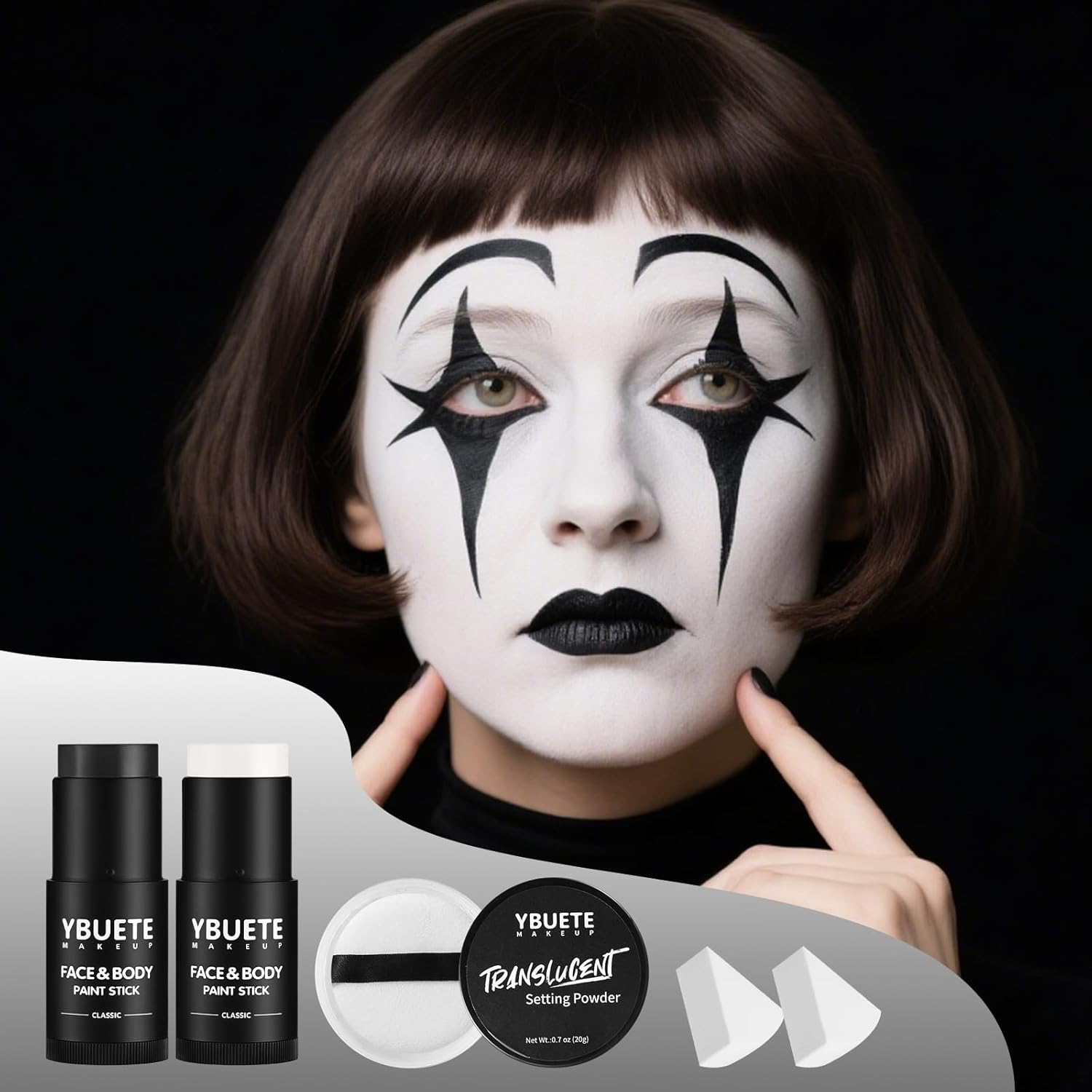 YBUETE White Black Face Body Paint Stick Set with Translucent Setting Powder and Sponges, Professional Full Coverage Face Painting for Adults Halloween Cosplay SFX Skull Zombie Skeleton Goth Makeup image number 1