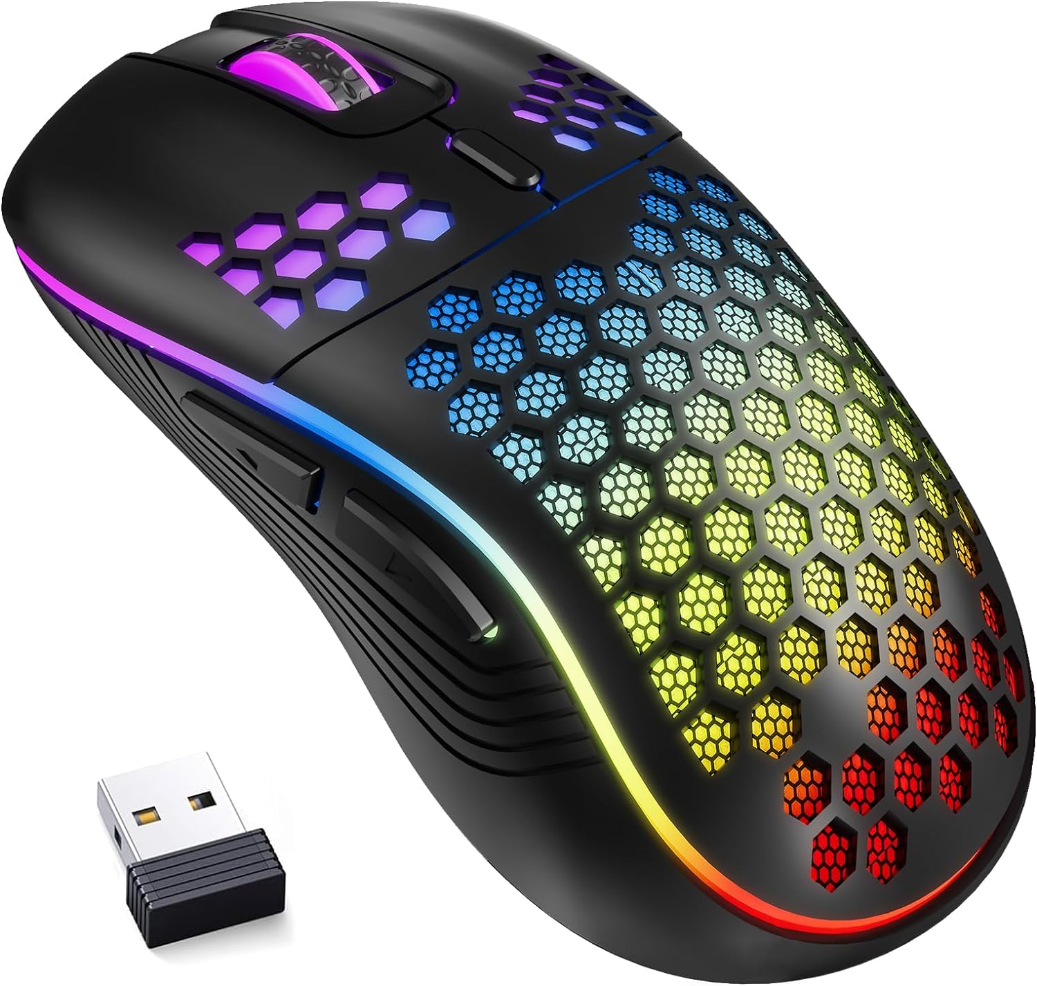 MELOGAGA Wireless Gaming Mouse Honeycomb 2.4G USB Cordless Mouse RGB Rechargeable PC Game Mice with 7-Color LED Lights，4 Adjustable DPI for Windows Laptop Desktop Computers -Black