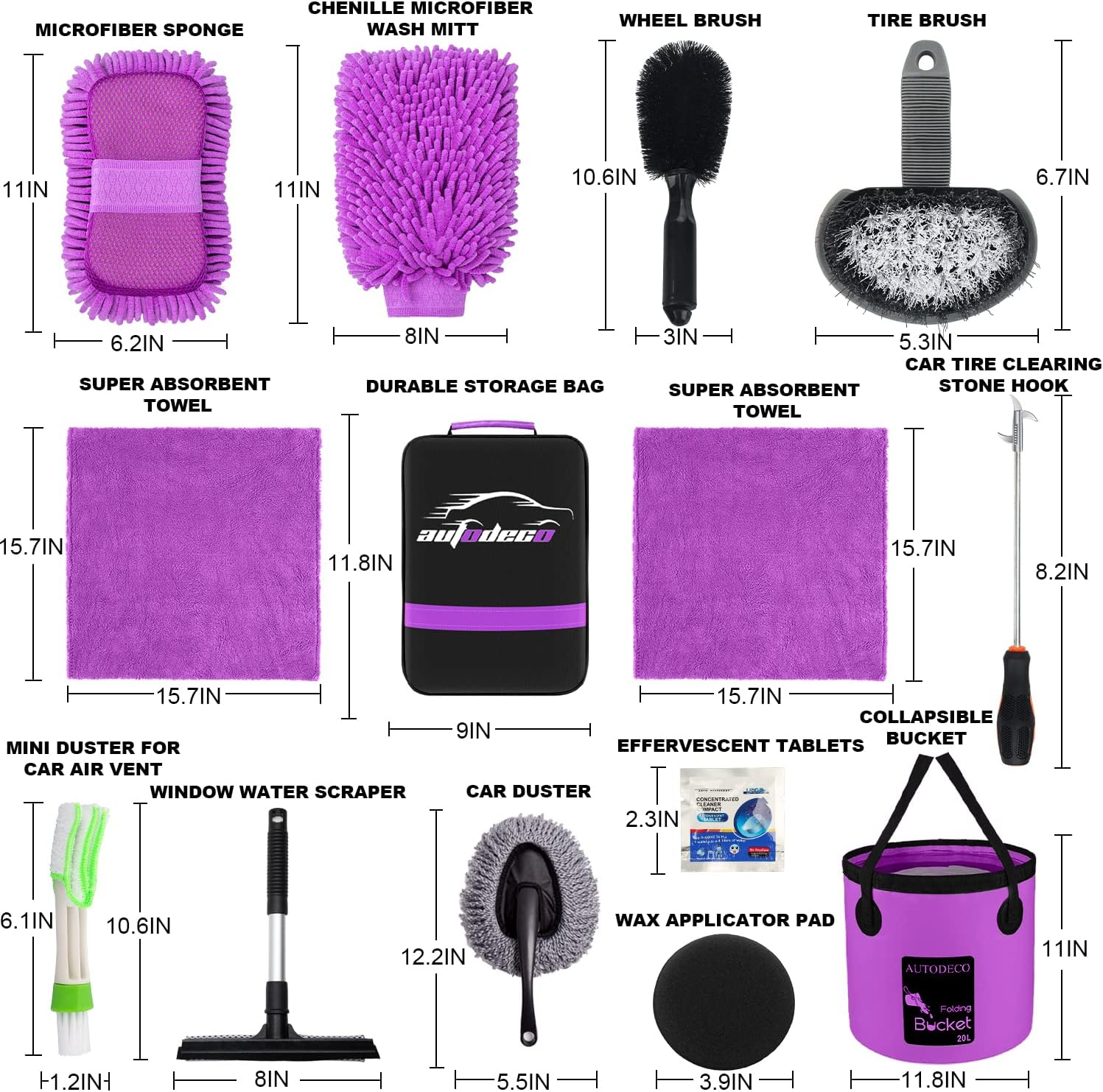 AUTODECO 22Pcs Car Wash Cleaning Tools Kit Car Detailing Set with Canvas Bag Purple Collapsible Bucket Wash Mitt Sponge Towels Tire Brush Window Scraper Duster Complete Interior Car Care Kit image number 4