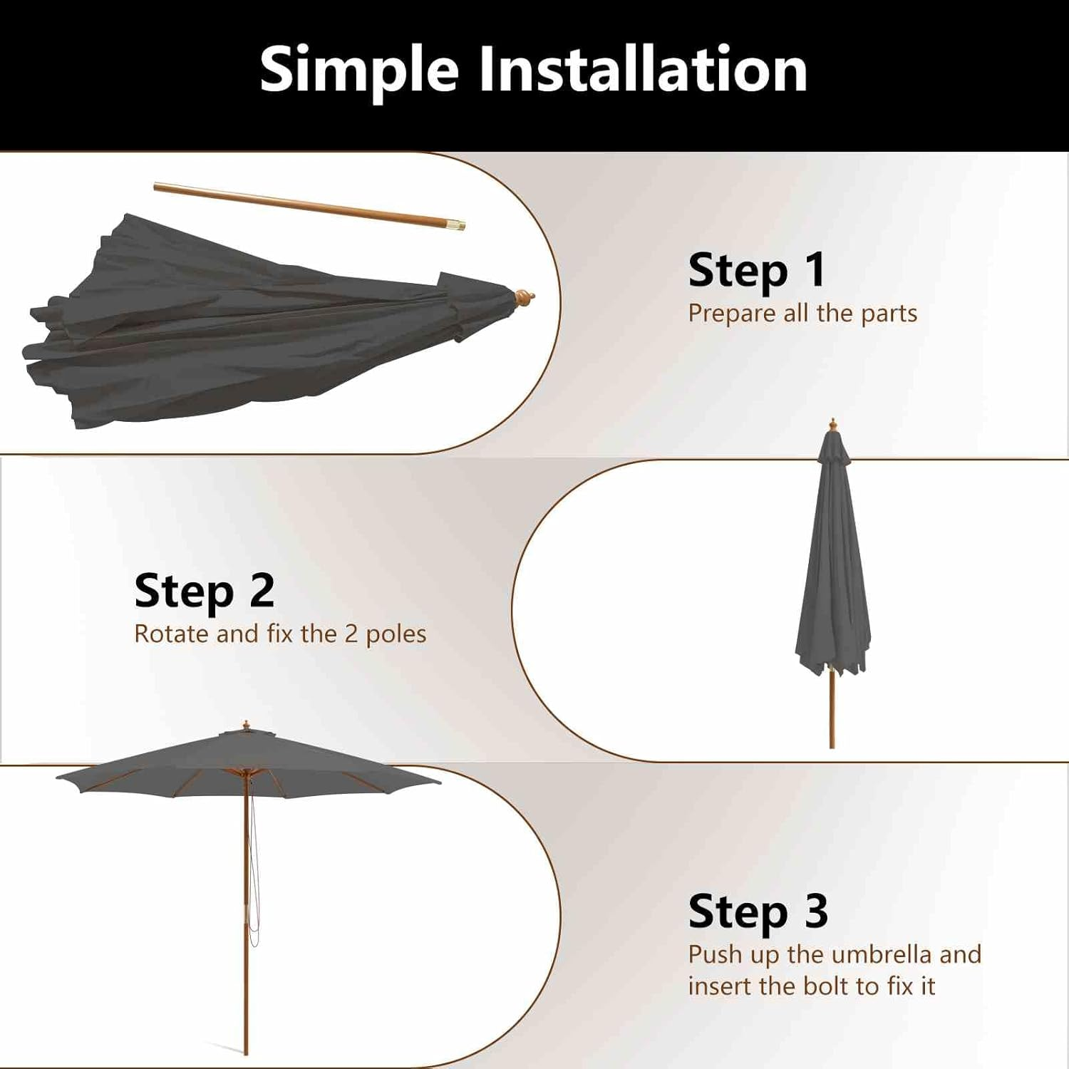 Costway 3M Patio Umbrella, Outdoor Table Market Umbrella with 8 Bamboo Ribs, Pulley Lift and Ventilation Hole, Outdoor Sunshade Umbrella for Poolside, Backyard and Beach - Gray image number 4