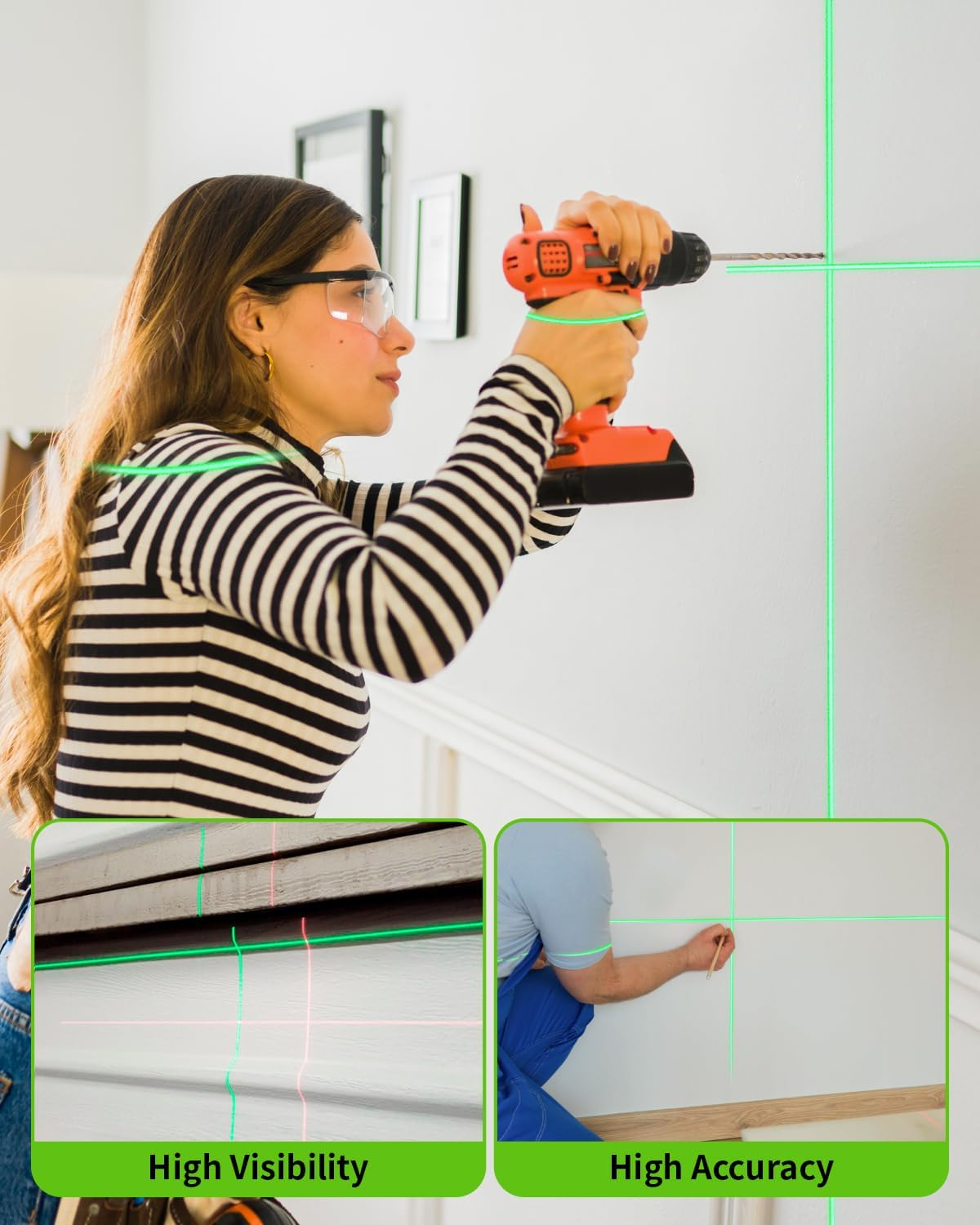 Laser Level, Firecore 82Ft Self Leveling Lazer Level, Green Cross Line Leveler Tool with Brightness Adjustment, DIY Laser Level for Picture Hanging and Indoor Projects, Battery, Carry Pouch Included image number 6