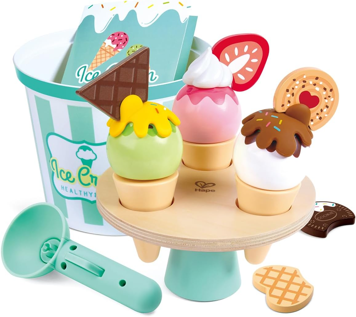 Hape Scoop & Serve Ice Cream Set &ndash; Interactive Wooden Toy for Pretend Play &ndash; Realistic Ice Cream Playset with Rotating Display & Endless Topping Combinations for Kids image number 1