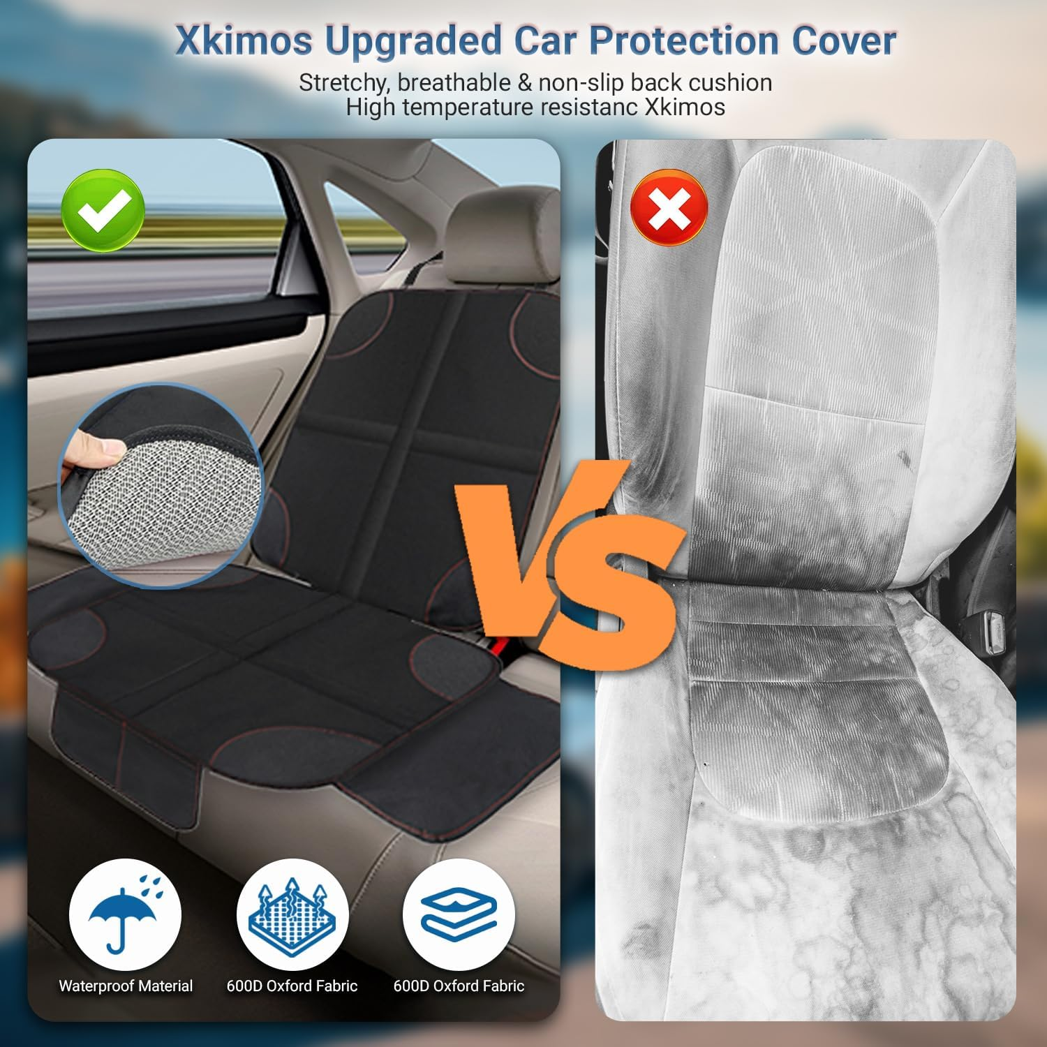 Xkimos Car Seat Protector for Child Car Seat, 600D Fabric Waterproof Car Seat Cover with Non-Slip Backing, Universal Fit with Mesh Pockets & Extra-Wide Side Wings (1 Pack) image number 3