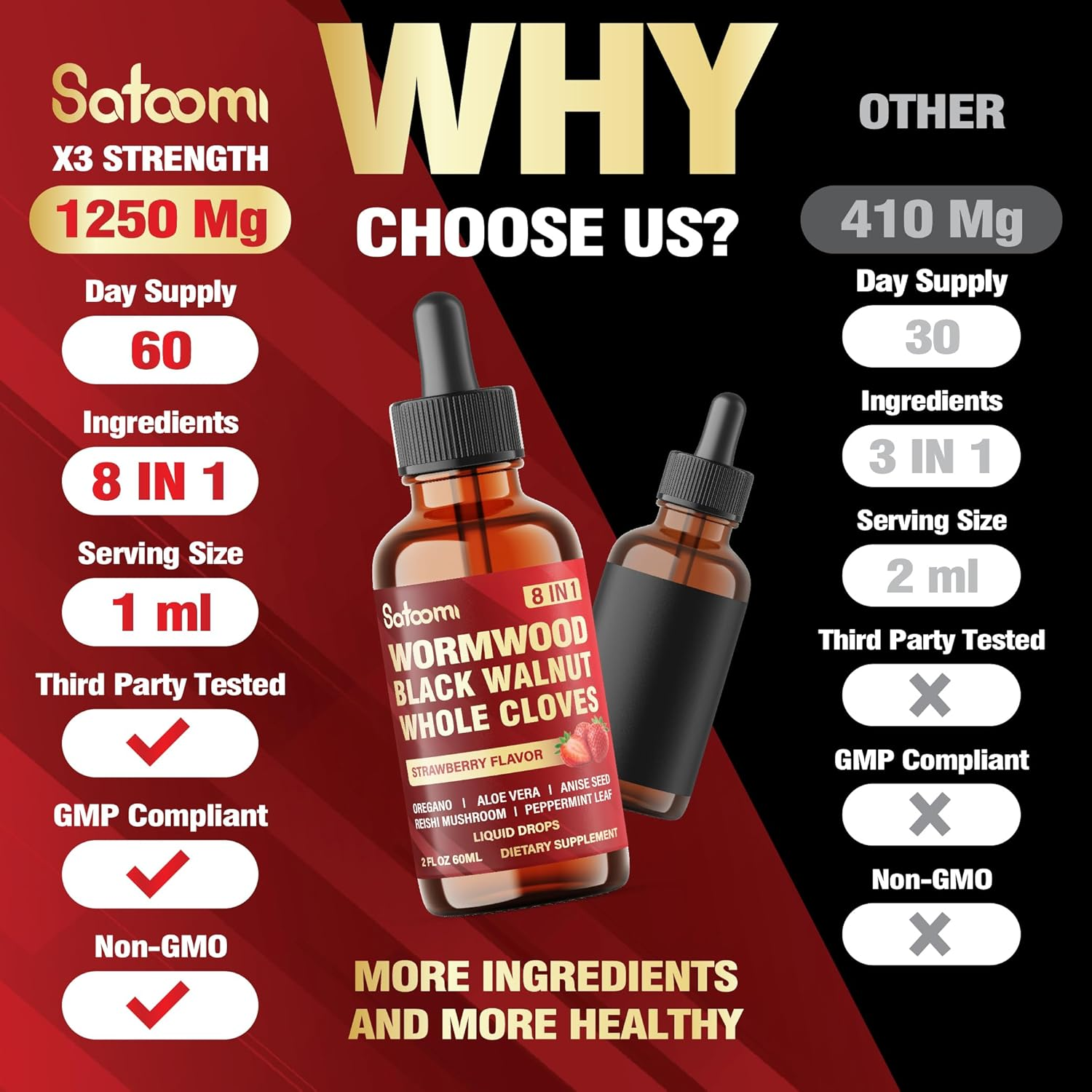 SATOOMI 8In1 Wormwood Liquid Drops with Black Walnut, Whole Cloves and 5 More - 60Ml for 60 Days Supply image number 2