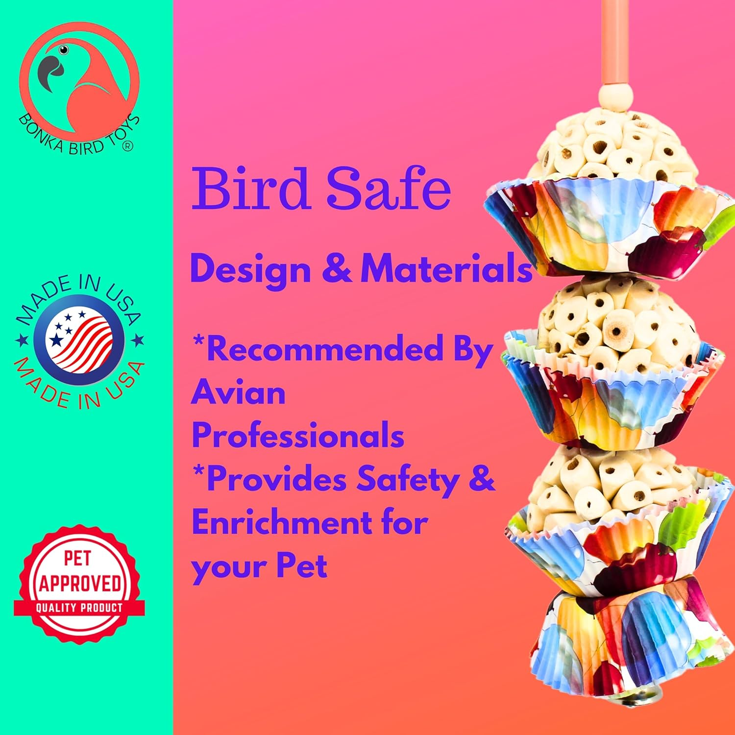 Bonka Bird Toys 1931 Three Cake, 11.75" Hanging Bird Toy with Sola Balls, Cupcake Cups, Wooden Beads, Bell, and Straw, Chewable and Shreddable. image number 5