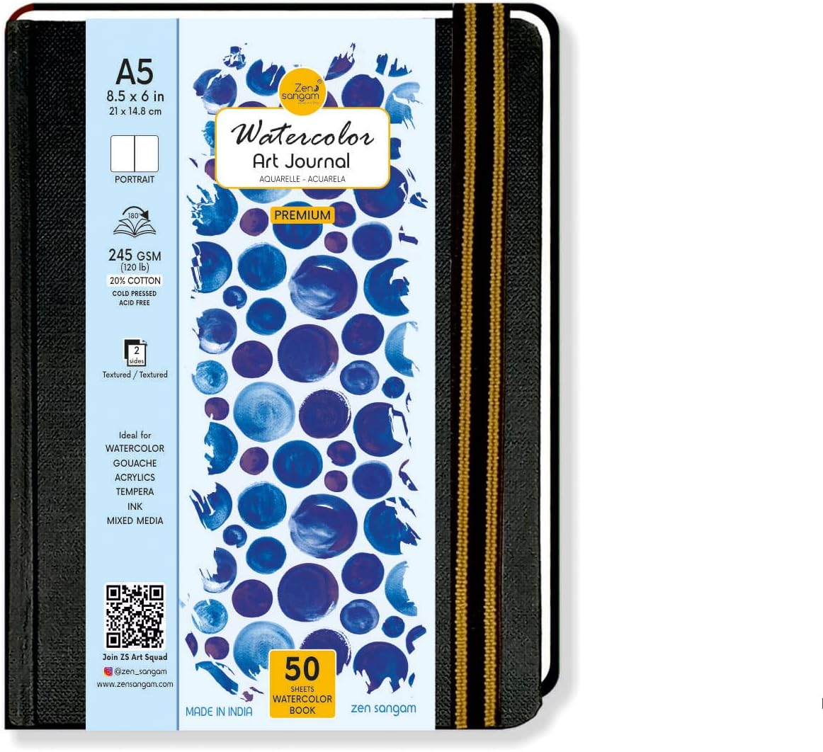 Zen Sangam Portrait A5-8.5" X 6" Watercolor Book, (50 Pages), 20% Cotton 120Lb (245GSM)- Buckram Hardcover - Black Artists Paper Pads,Acid-Free,Cold-Pressed,Drawing Sketchbook Mixed Media - Portrait image number 3